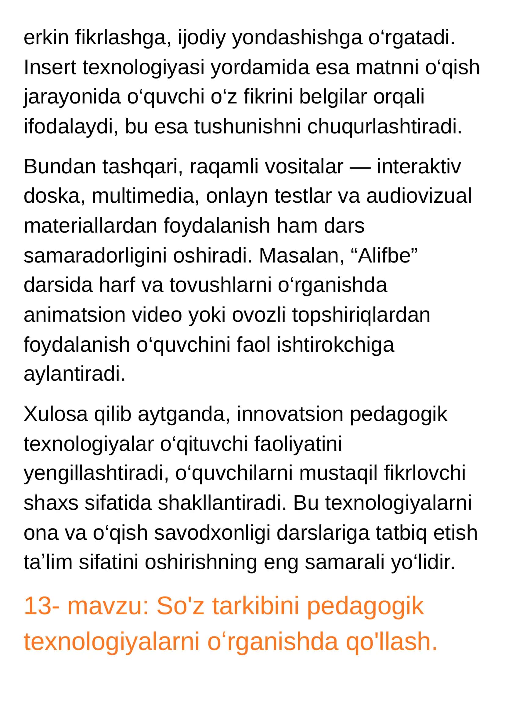 Ona va oʻqish savodxonligi darslari innovatsion pedagogik texnologiyalar 2