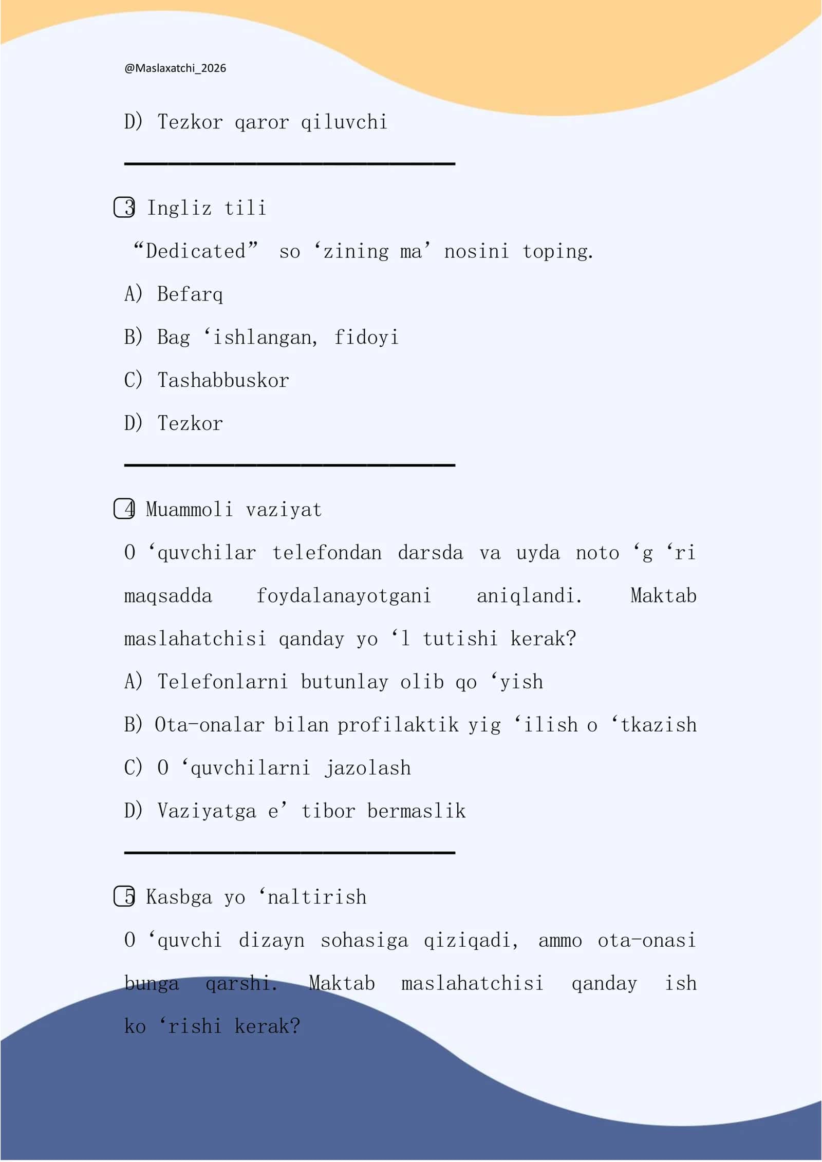 Maktab maslahatchisiga 18-22 may 2026-yil kunlari tushgan testlar javobi bilan 2