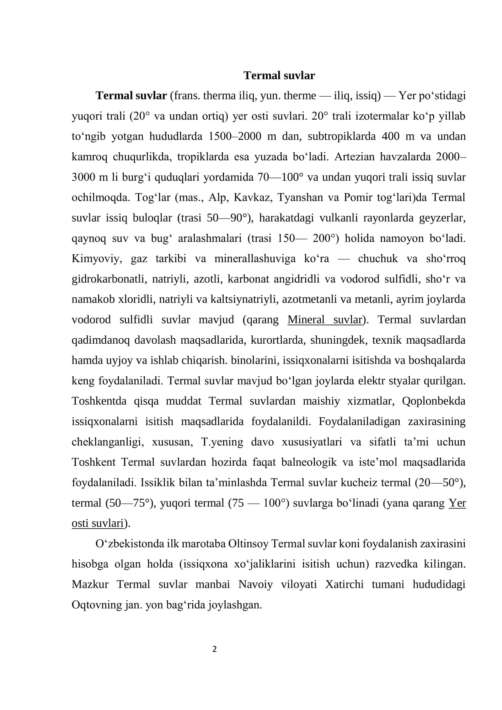 TERMAL, MINERAL SUVLAR HAQIDA TUSHUNCHALAR. ULARNI O’ZBEKISTON RESPUBLIKASI DOIRASIDA TARQALISHI 2