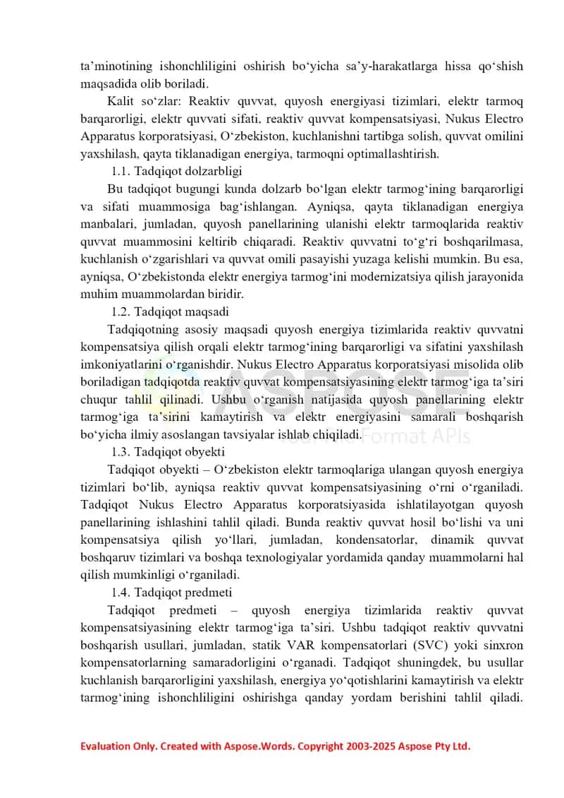 Improving the Stability and Quality of Power Grids by Compensating Reactive Power in Photovoltaic Systems: Using the Example of 'Nukus Electro Apparatus Corporation', Uzbekistan 2