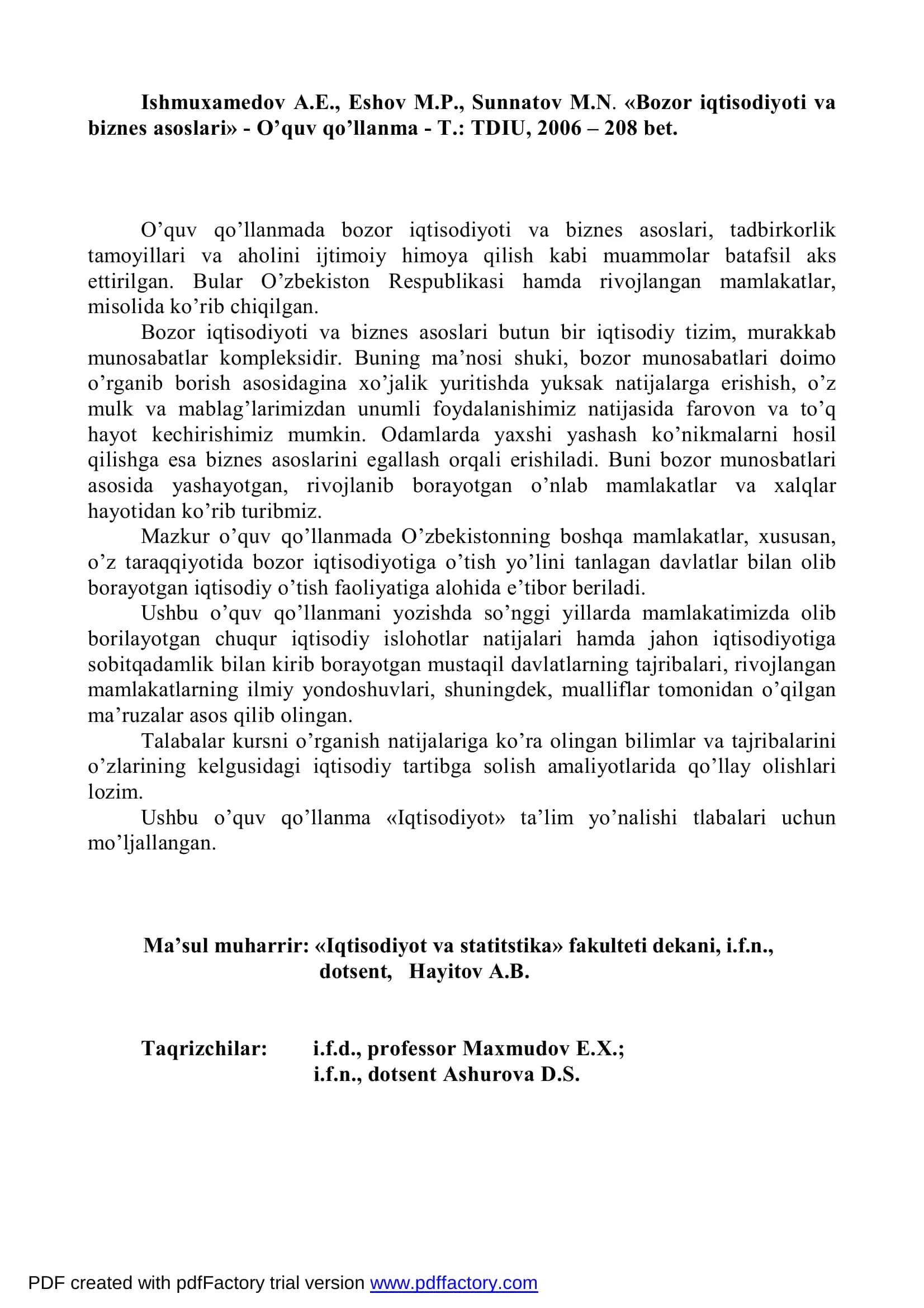 Bozor iqtisodiyoti va biznes asoslari 2