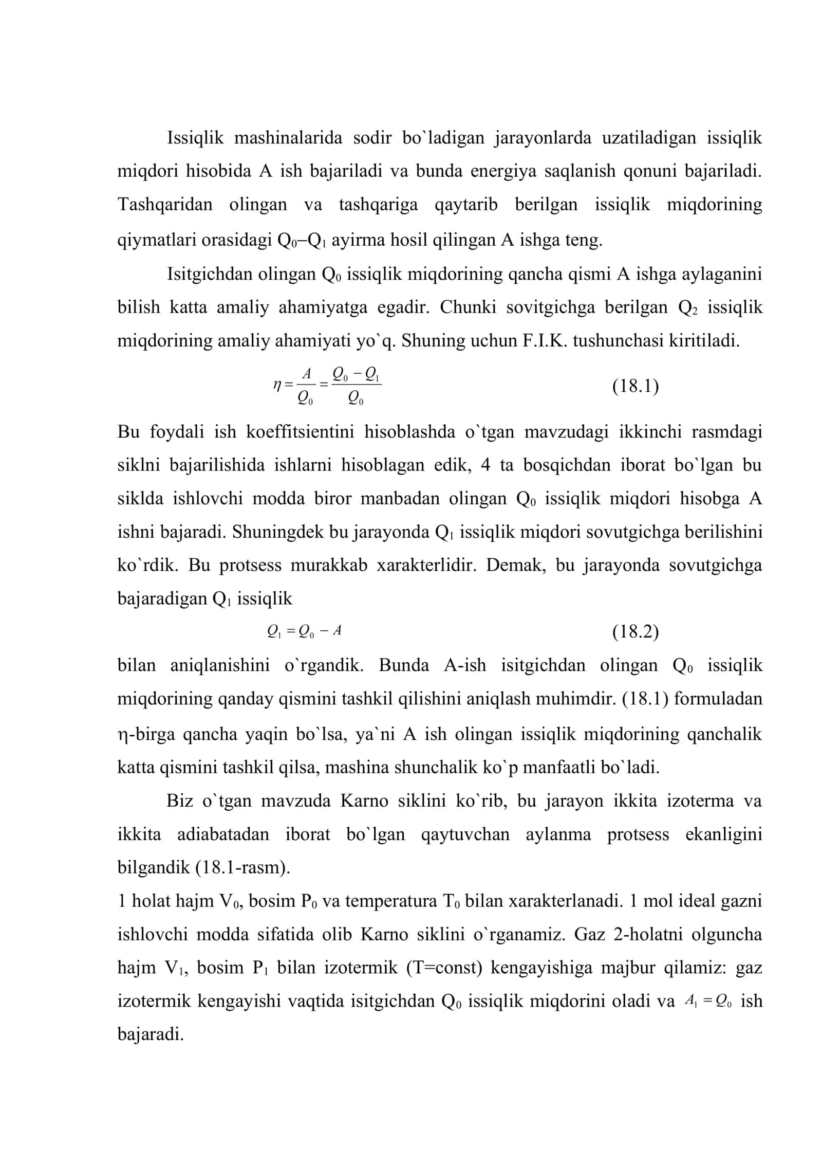 Issiqlik mashinalari va ularning foydali ish koeffitsienti (FIK). Karno sikli va uning FIK. Karno teoremalari 2