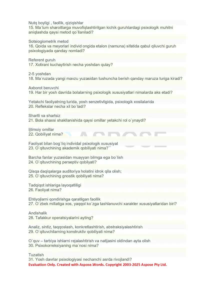 Psixologiya savollari va javoblari 2