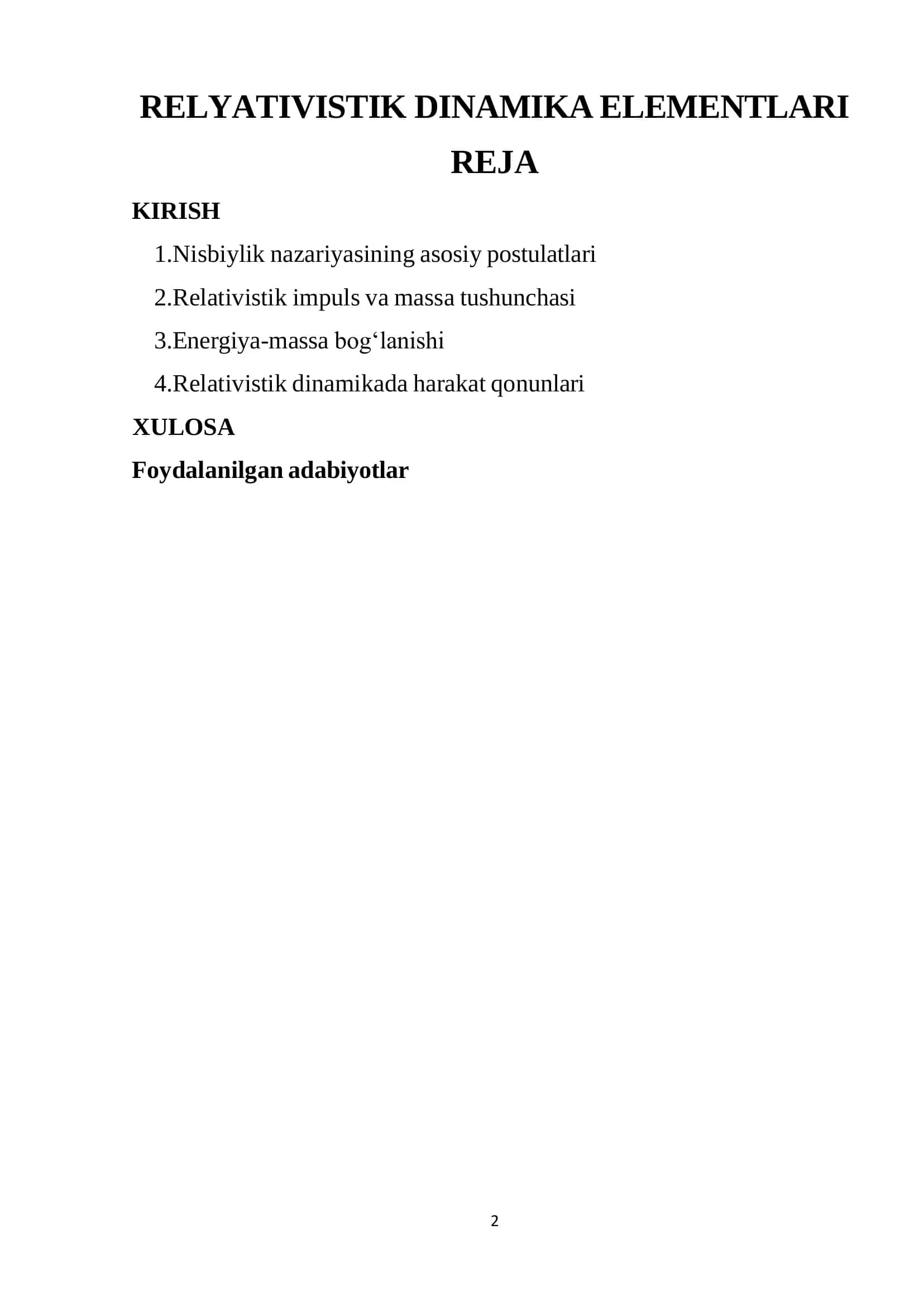 FIZIKA Referat: Relyativistik dinamika elementlari 2