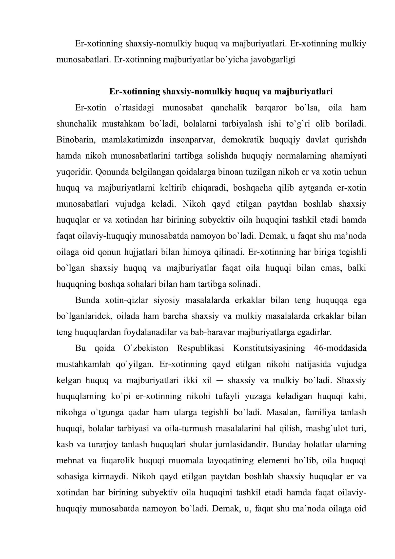 Er va xotinning huquq va majburiyatlari 2