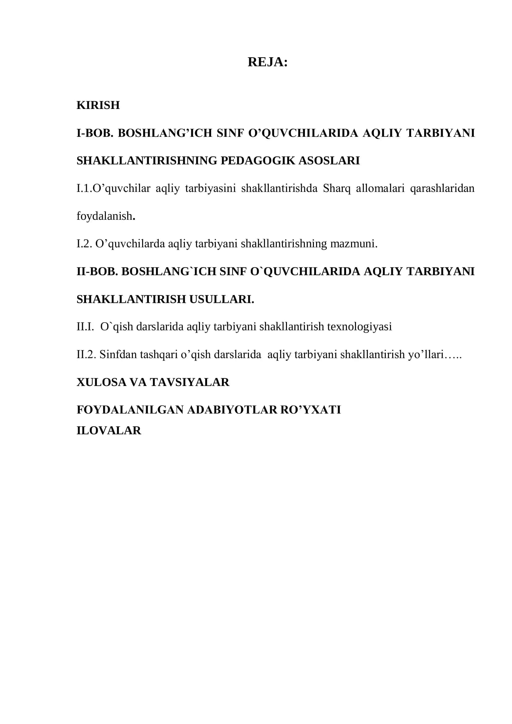 Boshlang‟ich sinf o‟quvchilarida aqliy tarbiyani shakllantirish yo‟llari (o‟qish darslari misolida) BITIRUV MALAKAVIY ISHI 2