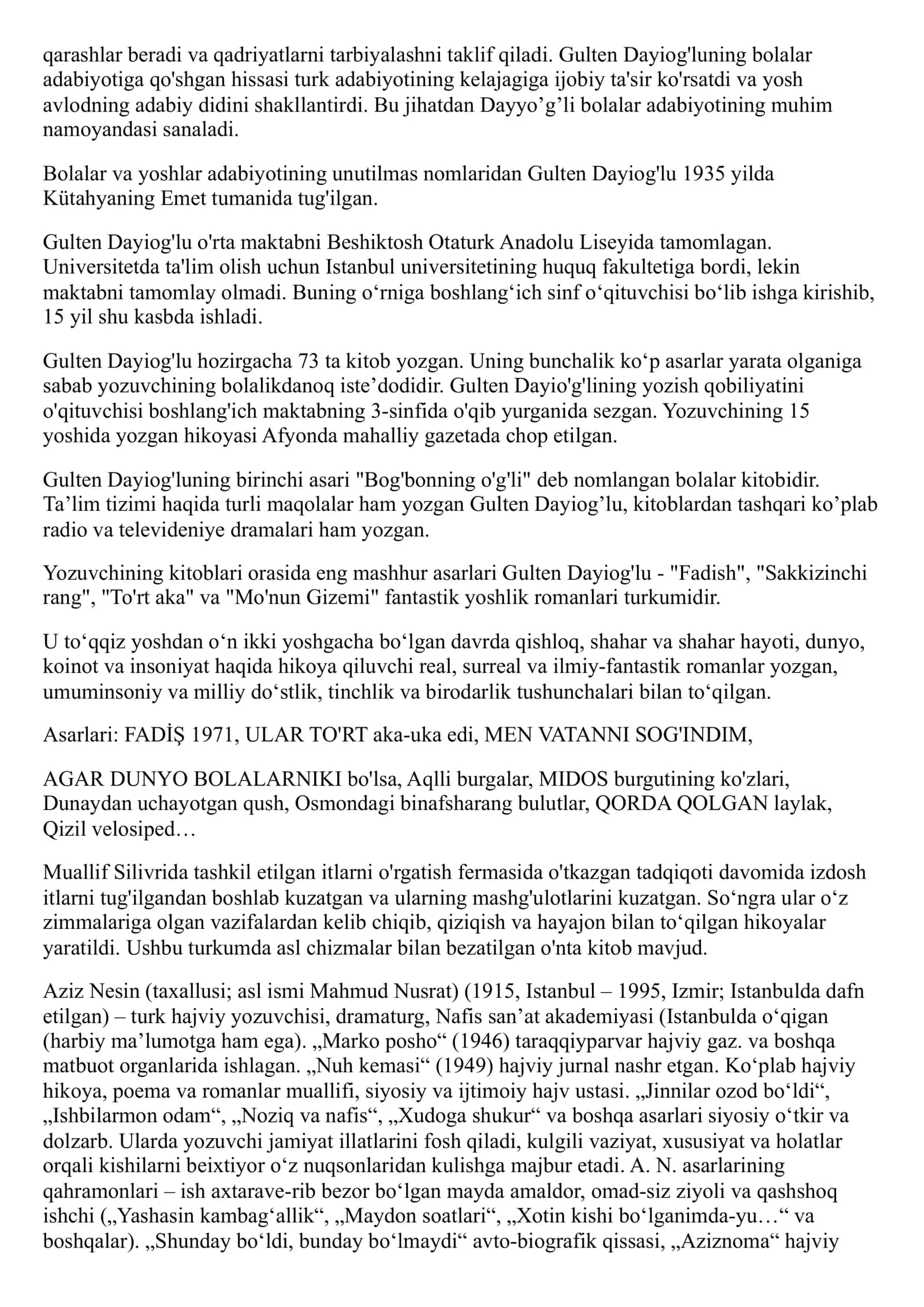 Turk bolalar adabiyotining yetakchi xususiyatlari. Peyami Safa, Gulten Dayiog'lu, Aziz Nesin, Samiha Ayverdilar ijodi 2