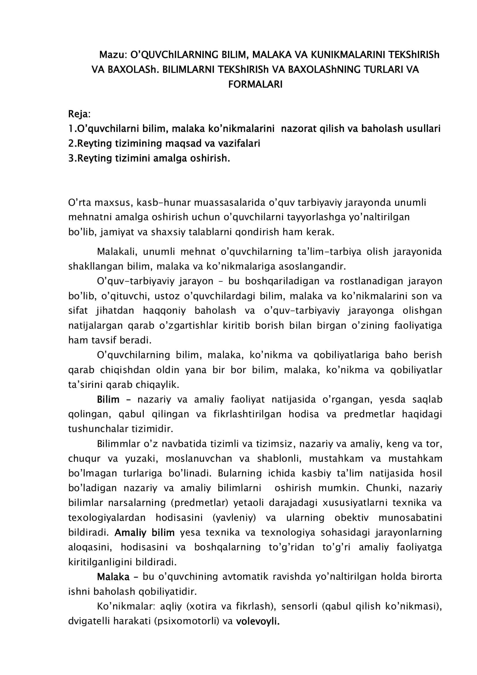 O’QUVCHILARNING BILIM, MALAKA VA KUNIKMALARINI TEKShIRISh VA BAXOLASh 2