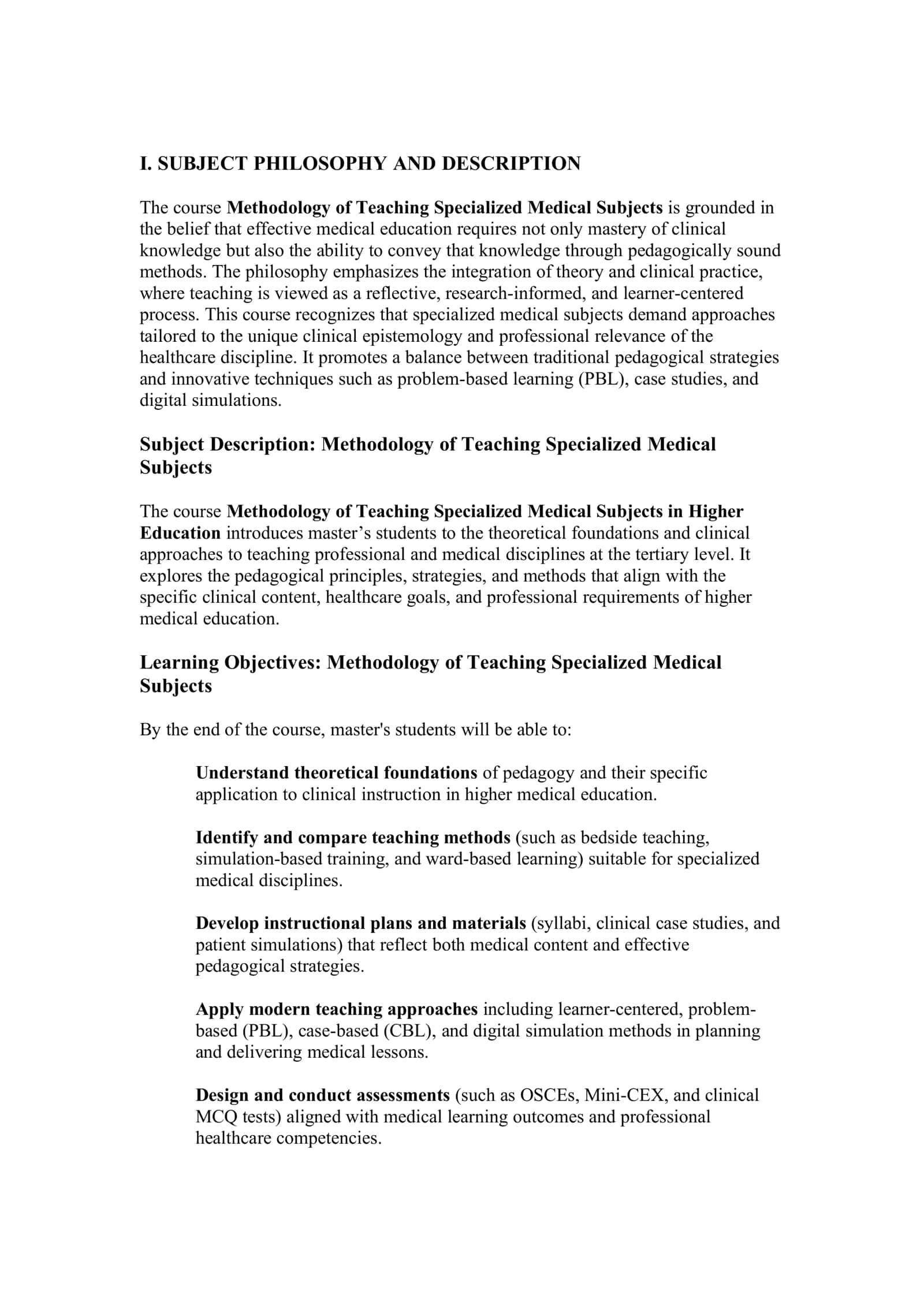 CURRICULUM ON METHODOLOGY OF TEACHING SPECIALIZED MEDICAL SUBJECTS 2