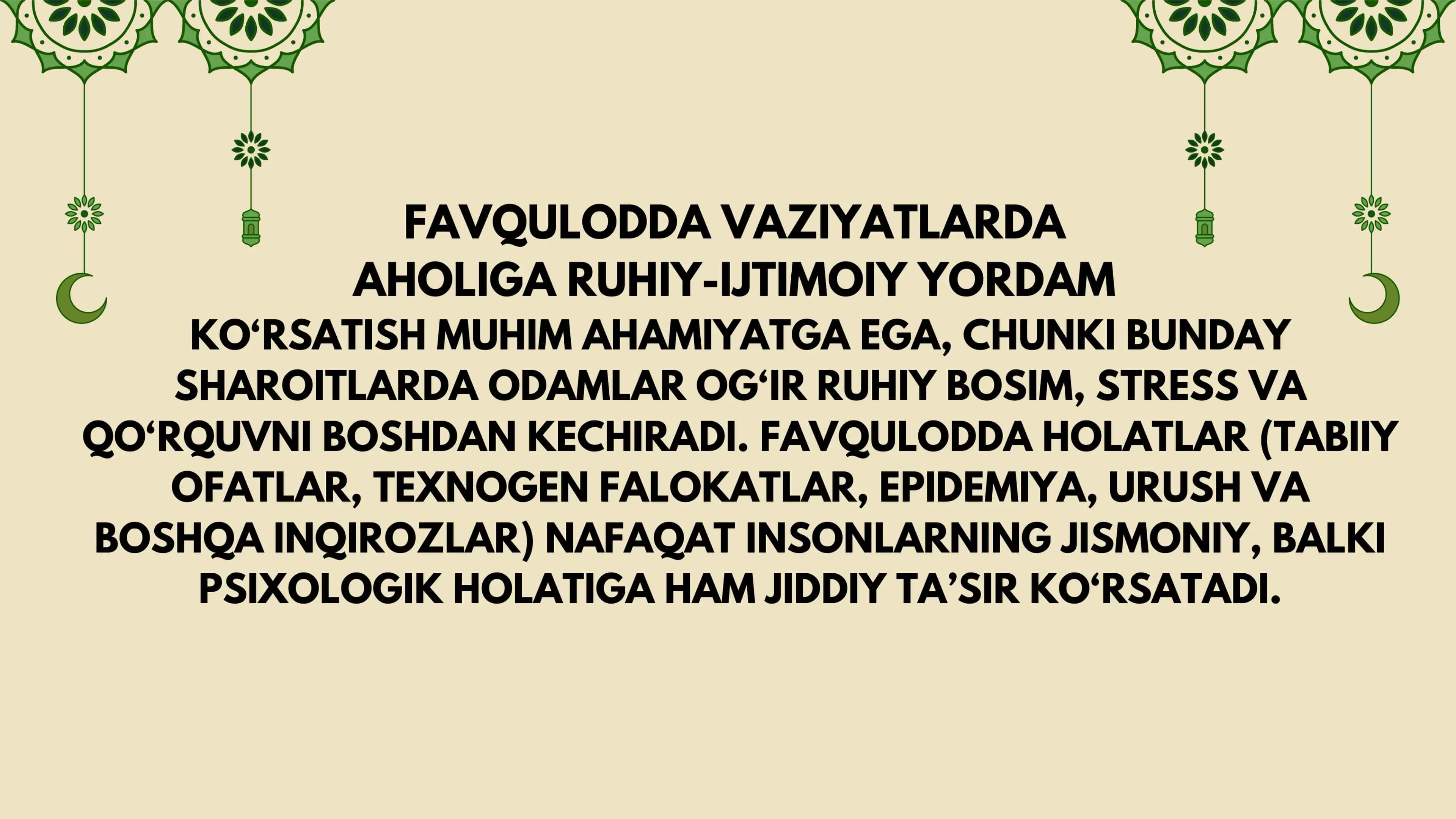FAVQULOTDA VAZIYATLARDA AHOLIGA RUHIY IJTIMOIY YORDAM KO’RSATISHNING ASOSIY YO’NALISHLARI. 2