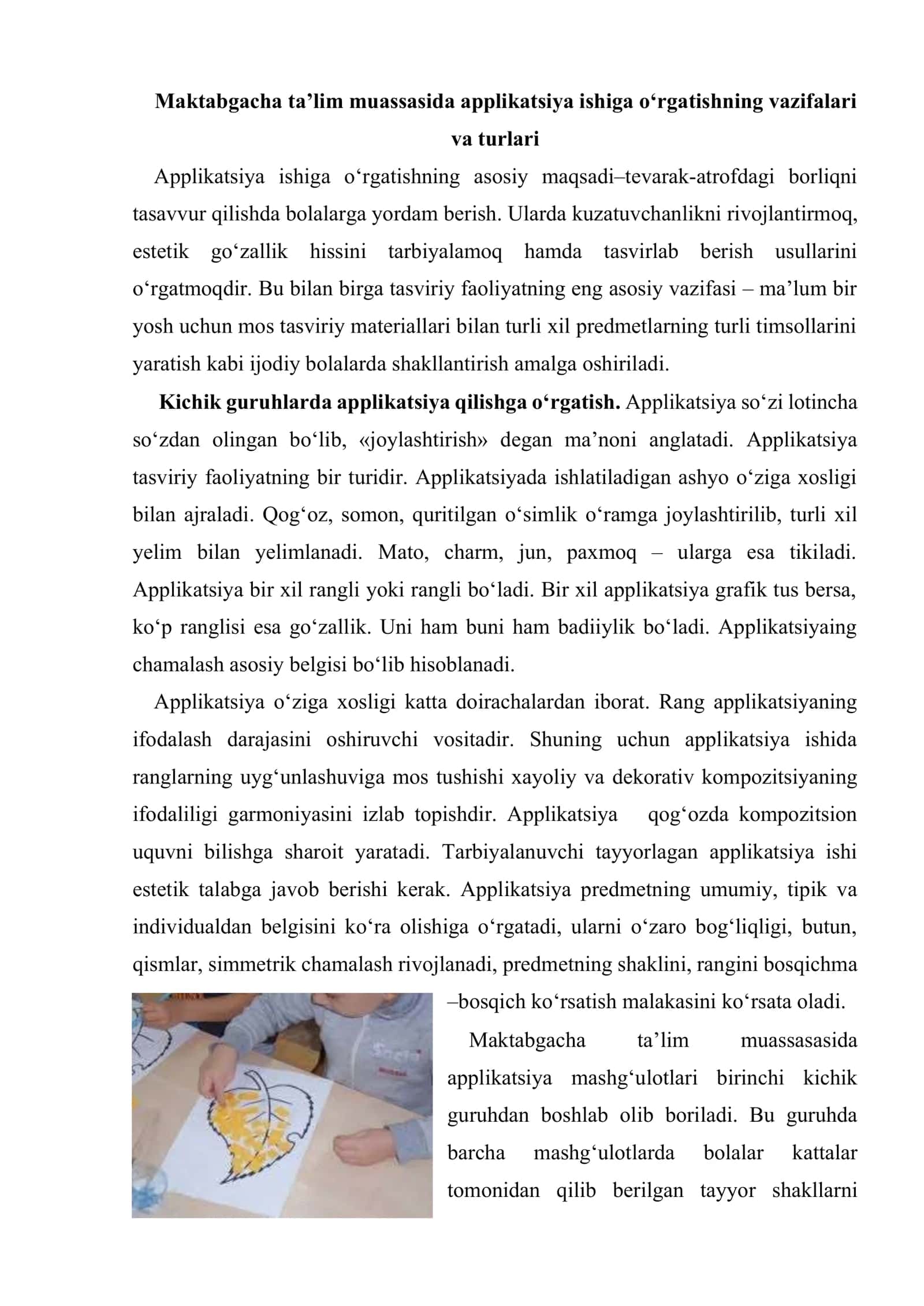 Maktabgacha ta’lim muassasida applikatsiya ishiga o‘rgatishning vazifalari va turlari 2