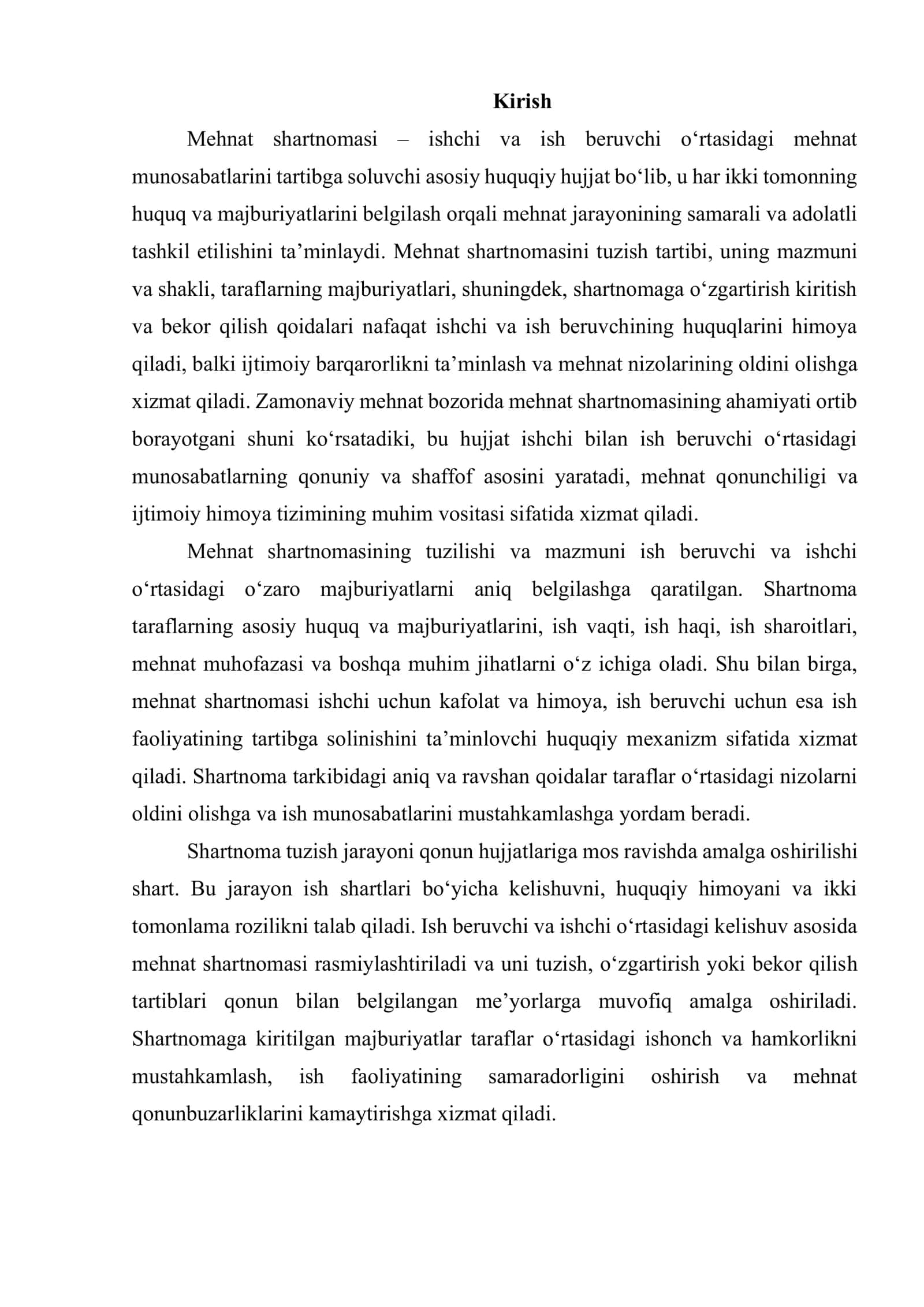 MEHNAT SHARTNOMASINI TUZISH TARTIBI, TARAFLARNING MAJBURIYATLARI, O‘ZGARTIRISH KIRITISH VA BEKOR QILISH 2