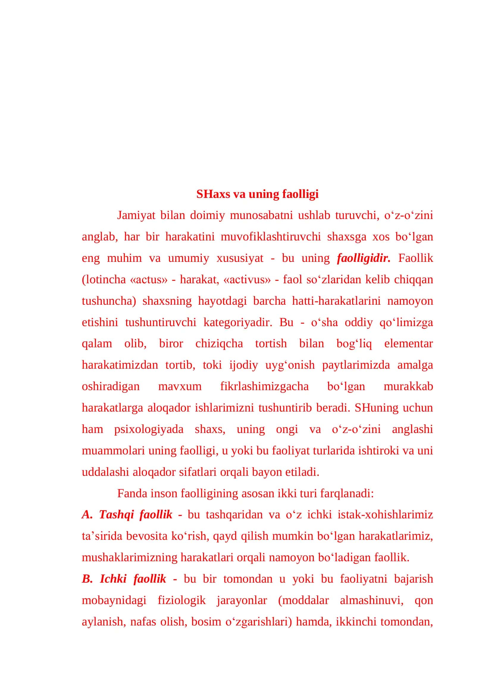 FAOLIYAT VA UNING TURLARI 2