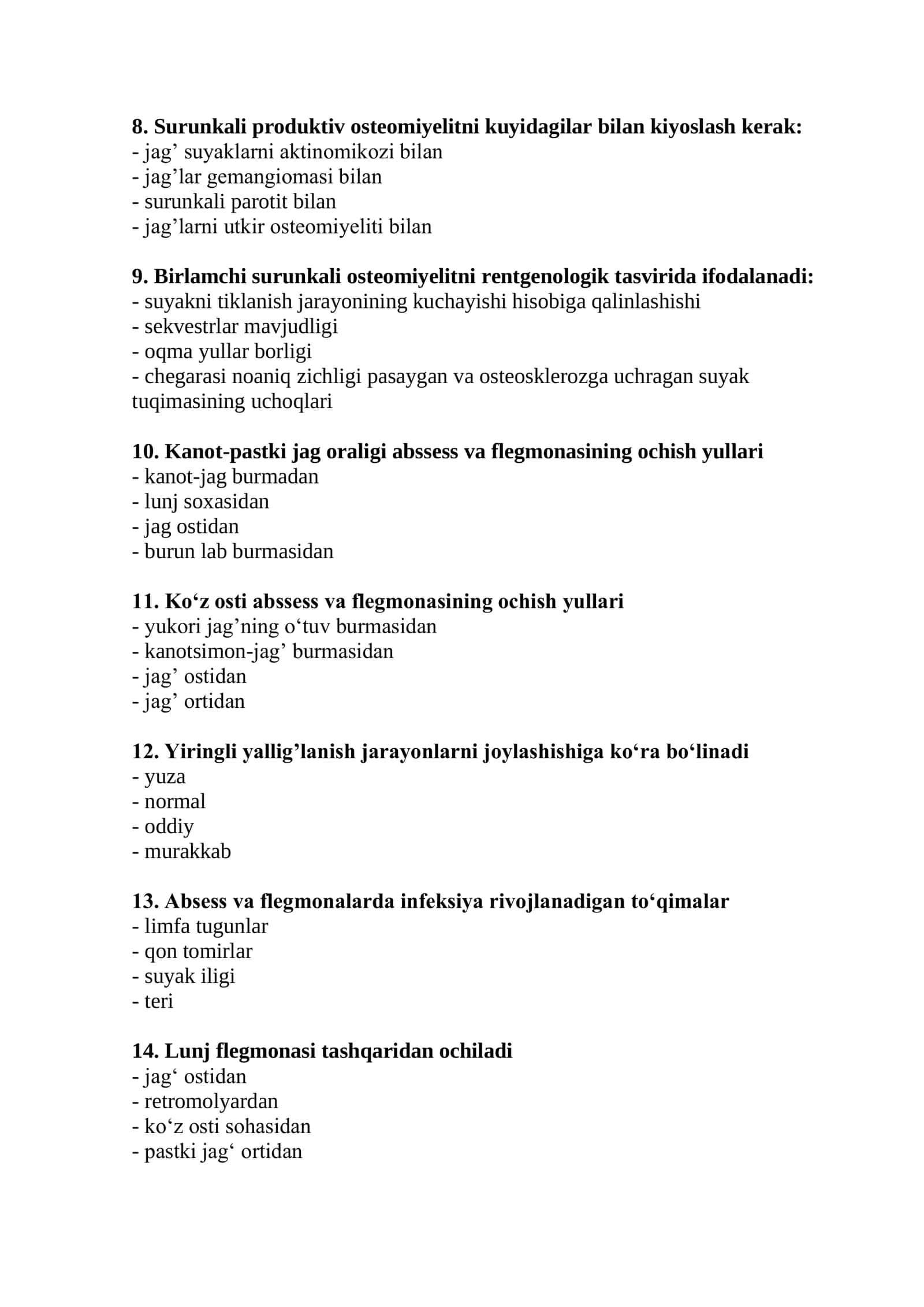 Bolalar xirurgik stomatologiyasi mutaxassisligi bo'yicha shakllantirilgan test savollari ro'yxati 2
