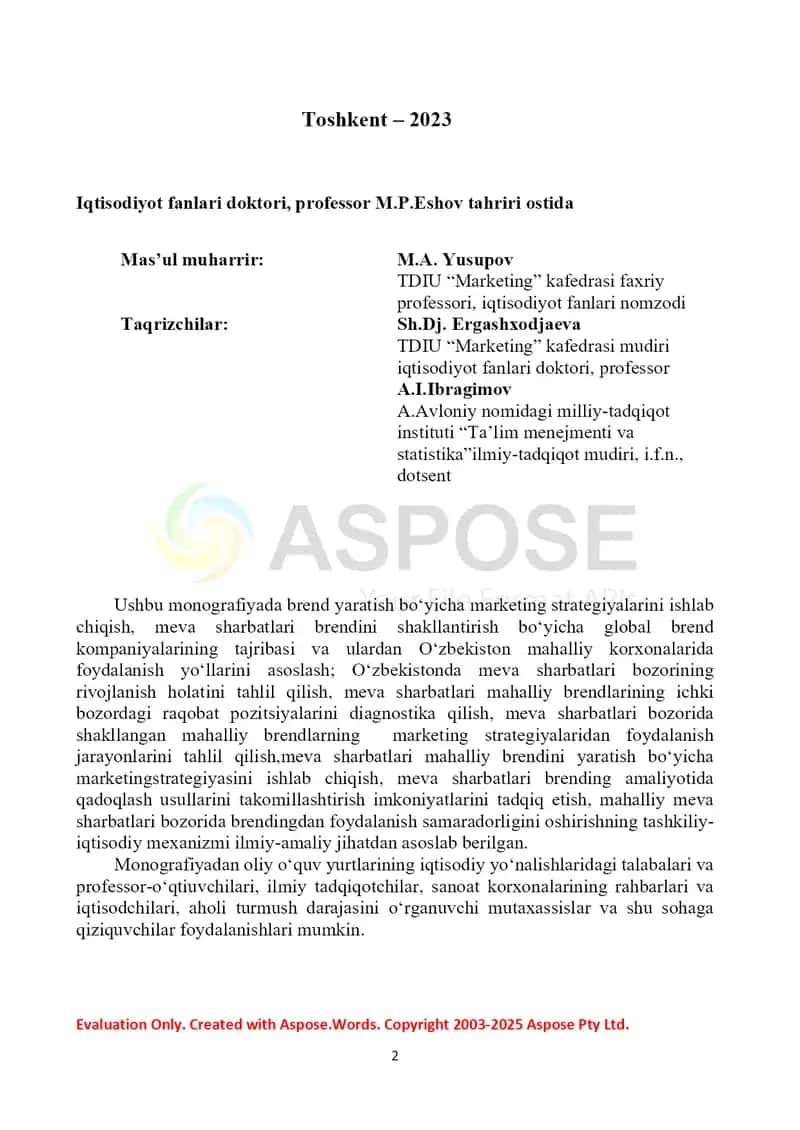 Monografiya “Meva sharbatlari brendini shakllantirishning marketing strategiyalarini ishlab chiqish” 2