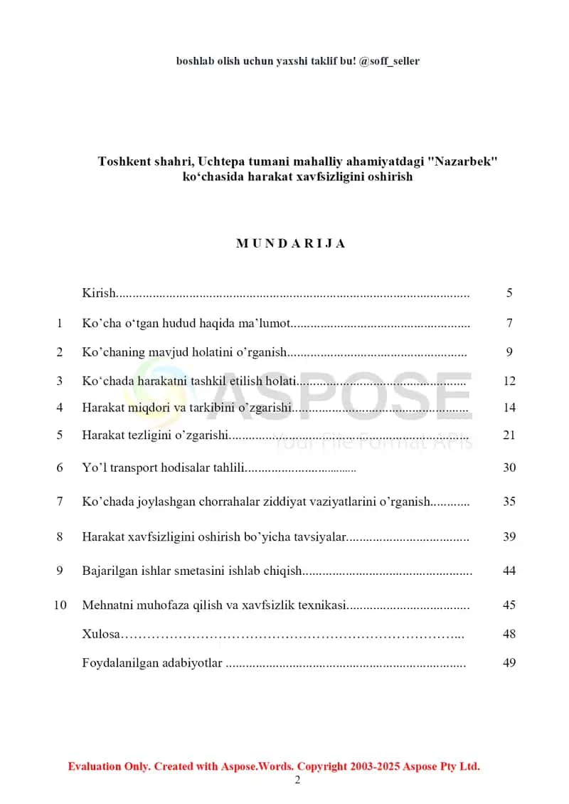 Kurs ishi “Yo‘l harakati xavfsizligini oshirish bo‘yicha tadqiqot (Nazarbek ko‘chasi, Uchtepa tumani)” 2