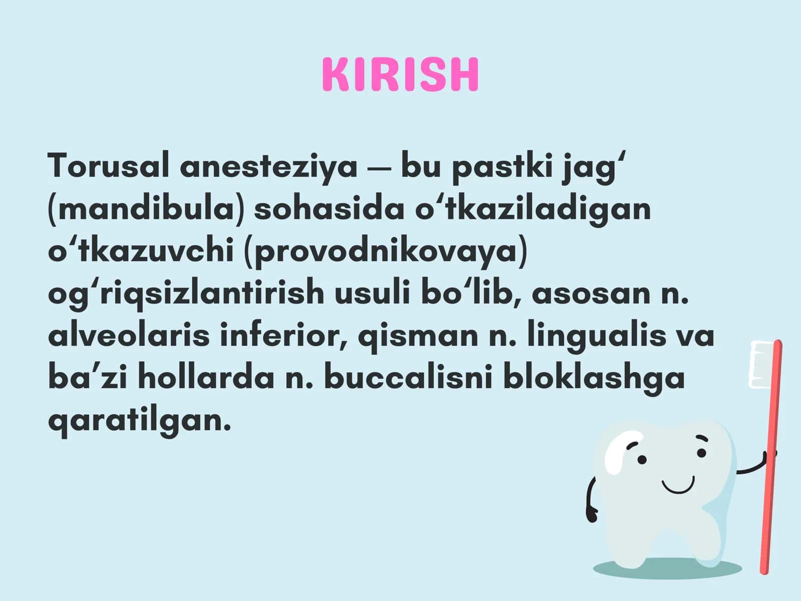 Torusal anesteziya. O‘tkazish texnikasi, ko‘rsatmalar, qarshi ko’rsatmalar. 2