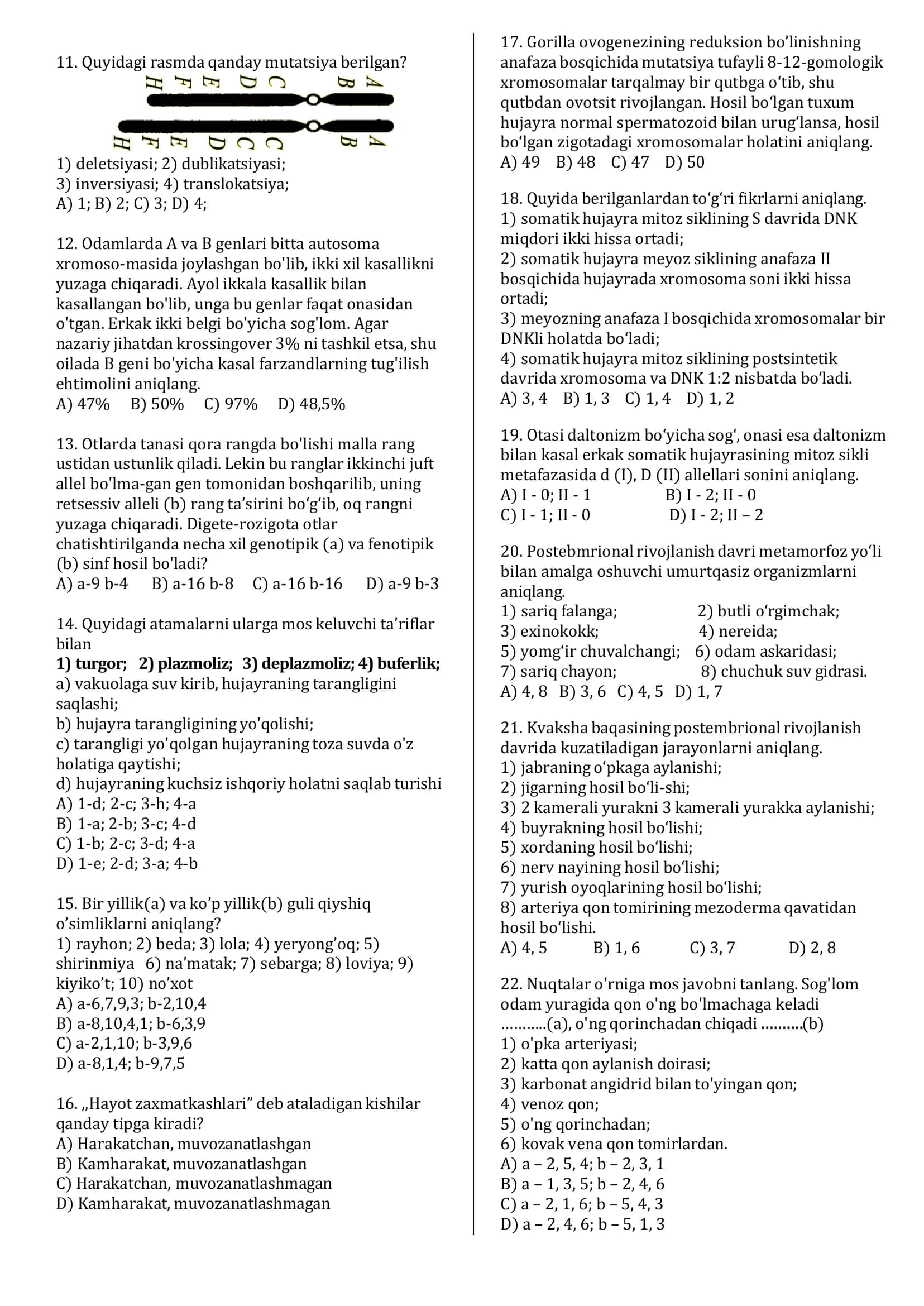 BIOLOGIYA FANIDAN ATTESTATSIYAGA TAYYORGARLIK TESTLARI 2