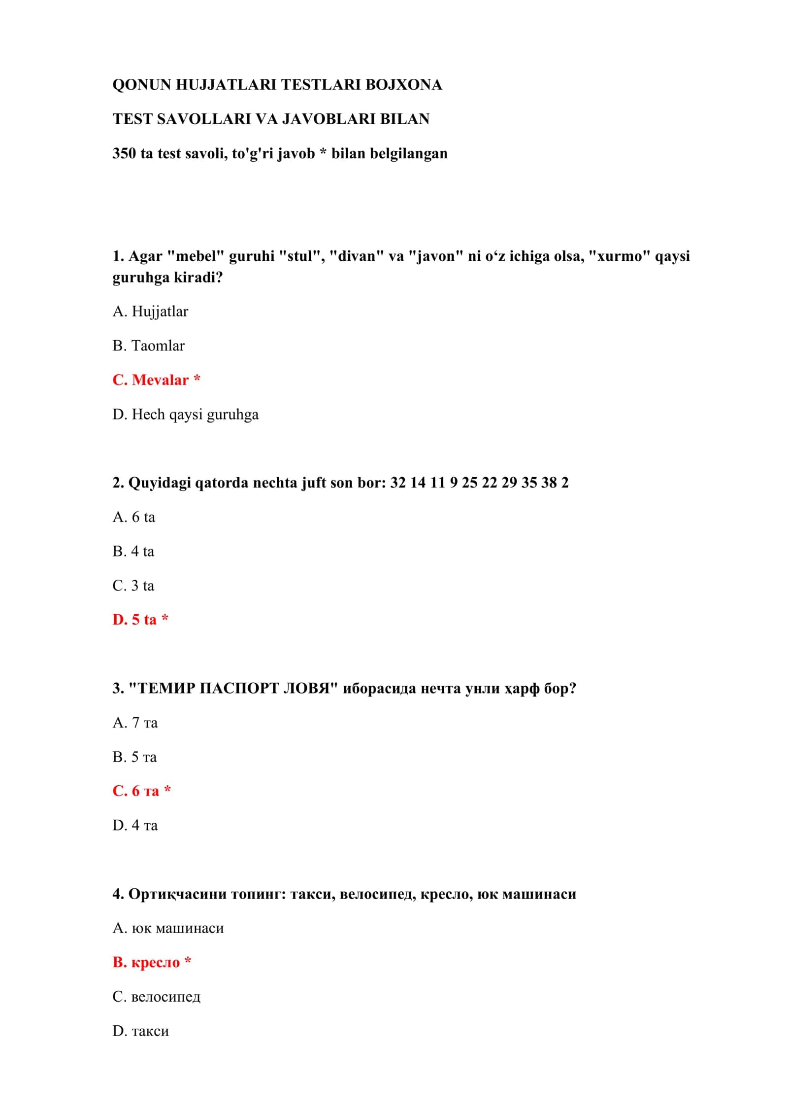 TEST SAVOLLARI VA JAVOBLARI BILAN 2