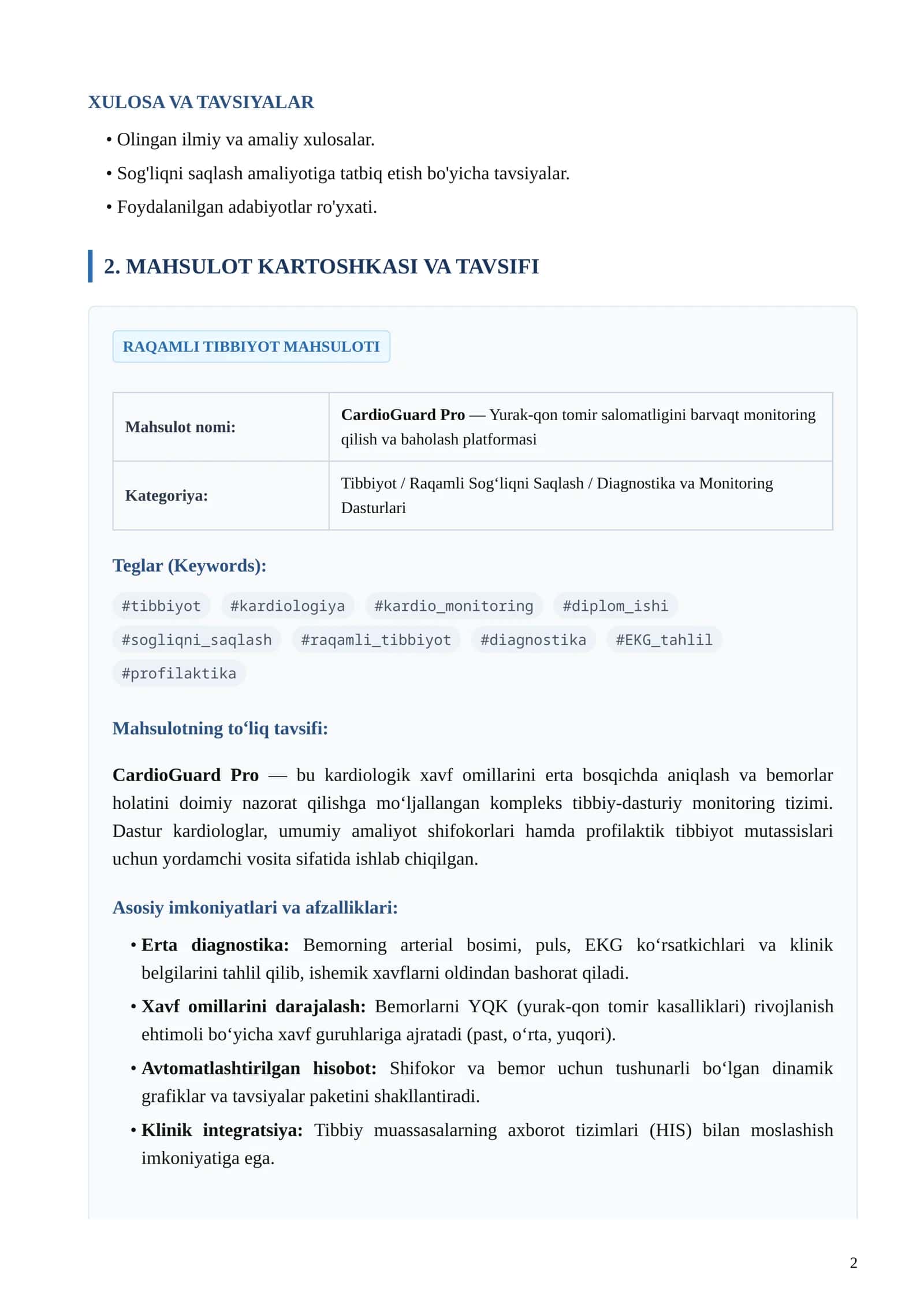 CardioGuard Pro - Yurak-qon tomir salomatligini barvaqt monitoring qilish va baholash platformasi 2