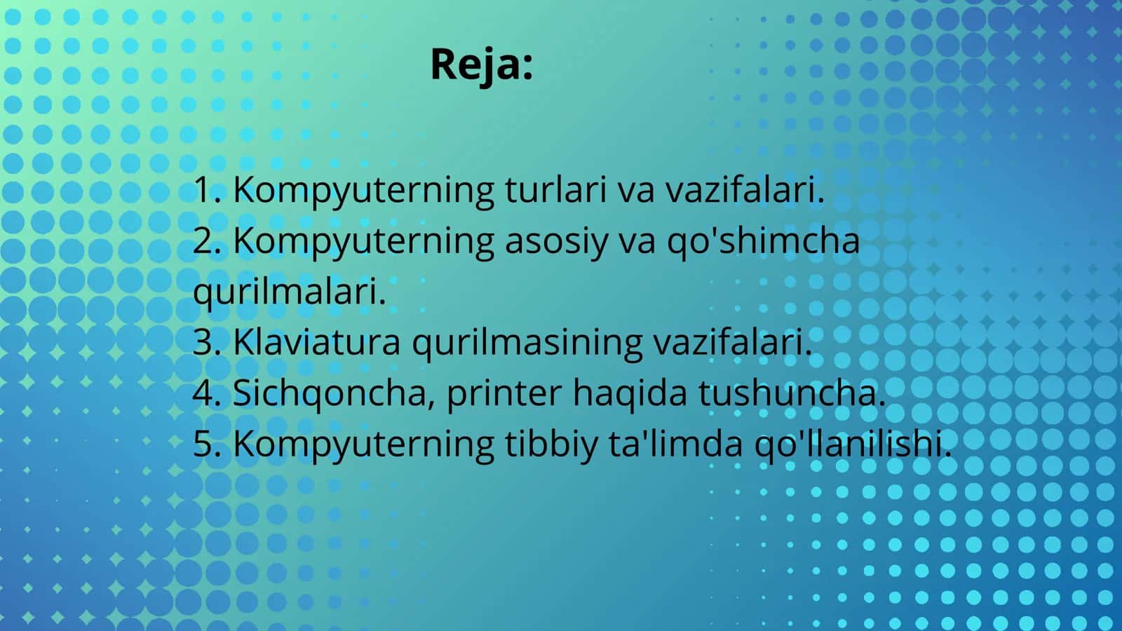 Kompyuter turlari va ularning vazifalari. Kompyuterlarning asosiy va qo'shimcha qurilmalari. Klaviatura qurilmasi. Tugmachalar guruhlari va vazifasi. Xotira qurilmalari. Monitor va sichqoncha qurilmalarining turlari va vazifalari. Tibbiy ta'limda va tibbiyotda kompyuterning qo‘shimcha qurilmalarining qo‘llanilishi va tadbiq etilishi. Printerning turlari. Skaner turlari. 2