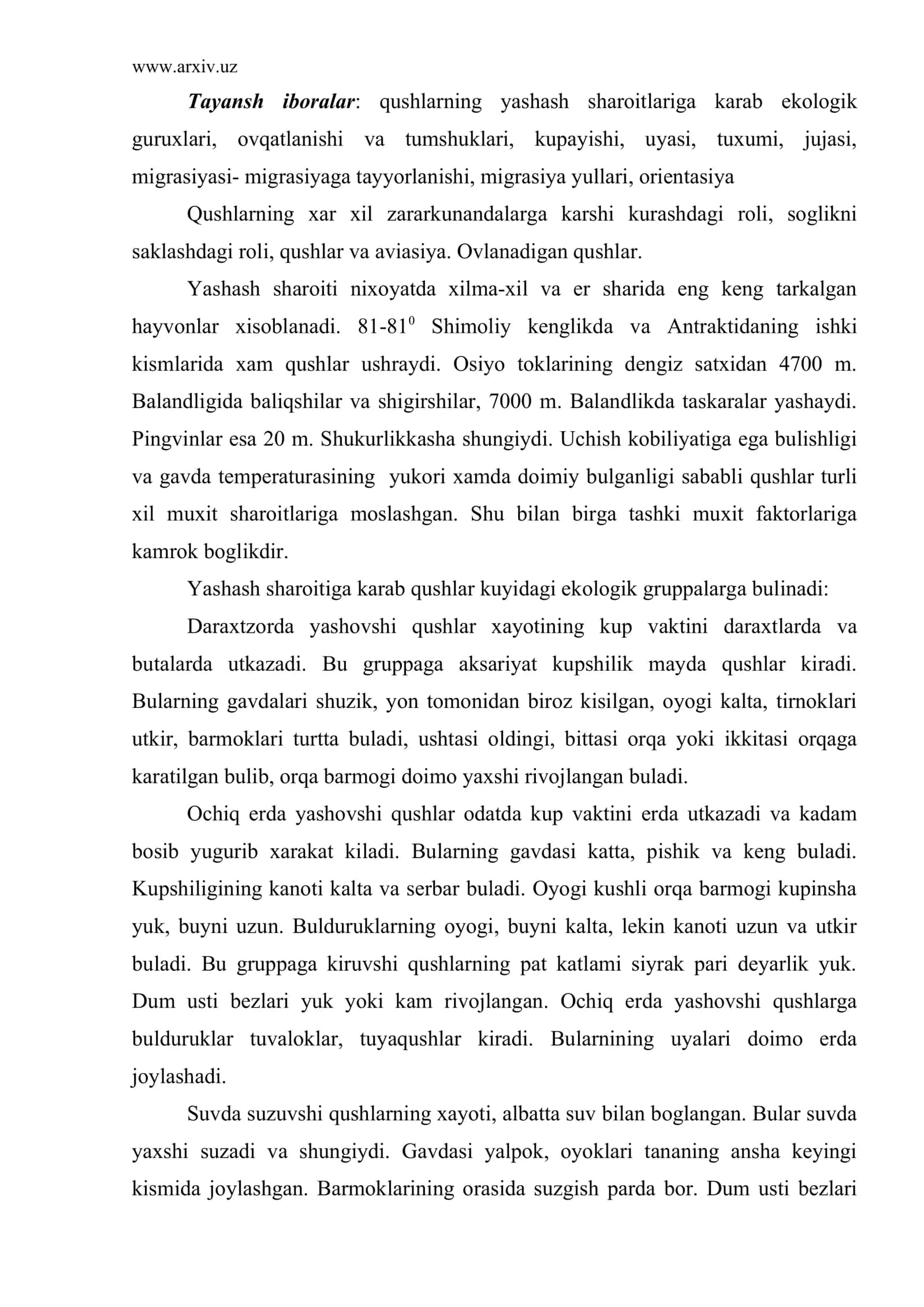 Qushlarning yashash sharoiti va ekologik guruxlari 2