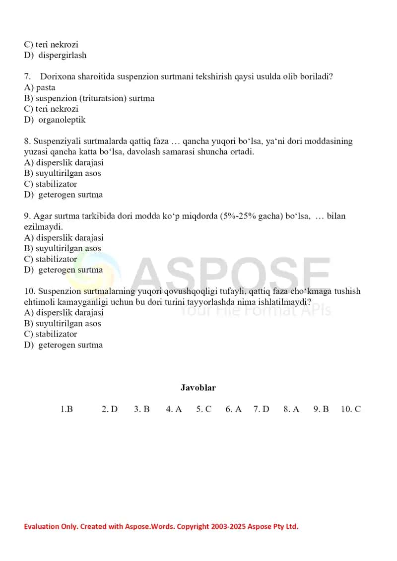 Geterogen tipdagi surtmalar texnologiyasi. Hozirgi kunda pastalarning YUDT orasida tutgan o'rni. Test 10 ta, javobli. 2