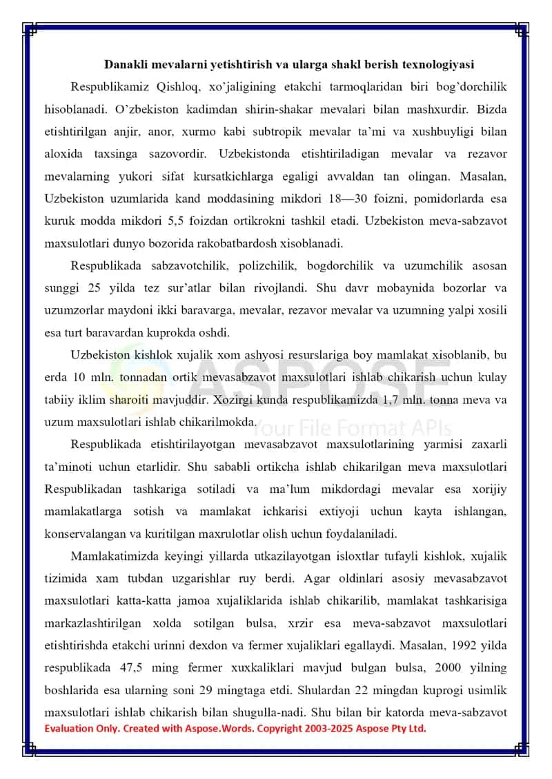 Danakli mevalarni yetishtirish va ularga shakl berish texnologiyasi 2