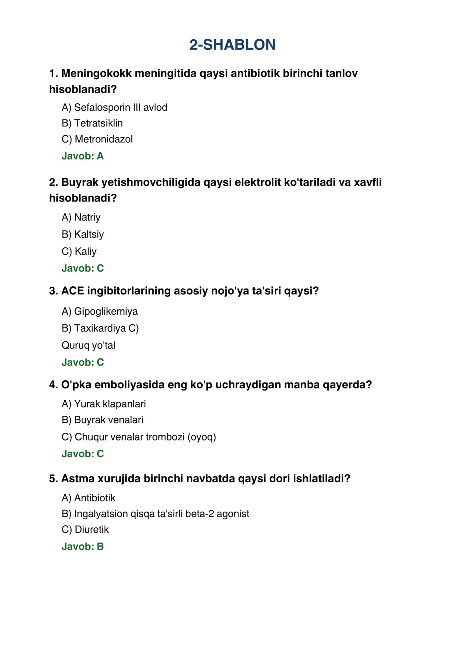 tibbiyot test savollari 2