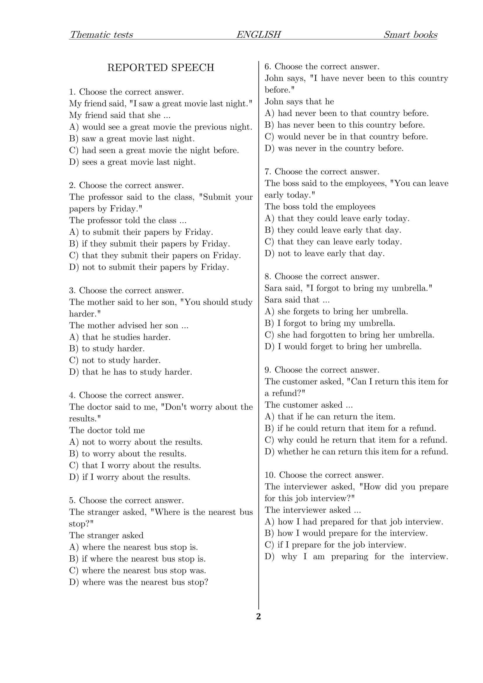 THEMATIC TESTS ENGLISH Smart books 2