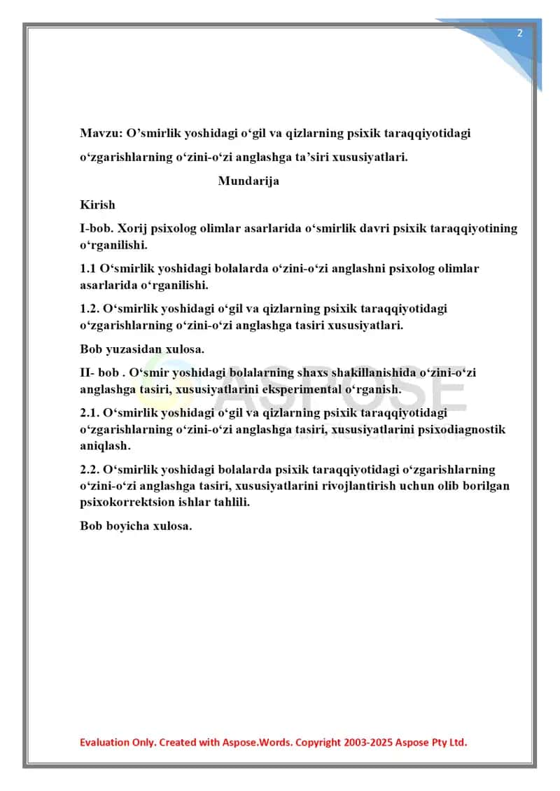 O'smirlik yoshidagi o‘gil va qizlarning psixik taraqqiyotidagi o‘zgarishlarning o‘zini-o‘zi anglashga ta’siri xususiyatlari 2