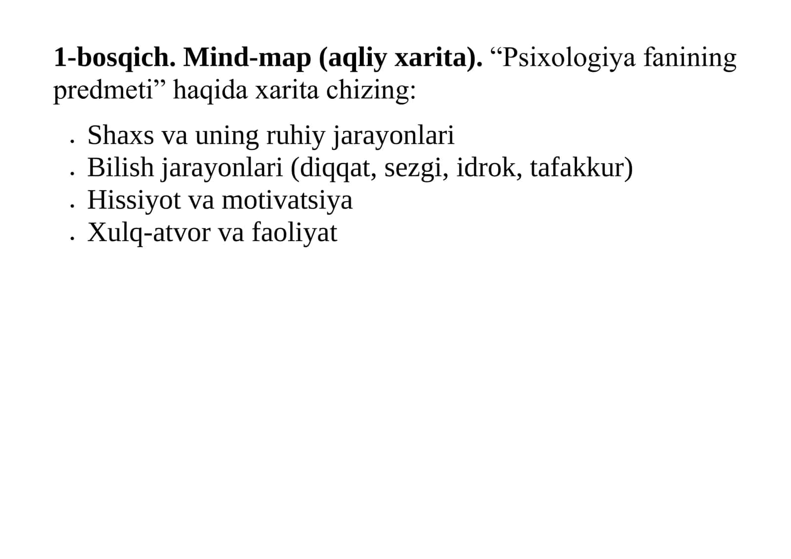 Umumiy psixologiyasi fanidan 1-kurs talabalari uchun 1-mustaqil ta'lim topshirigʻi 2