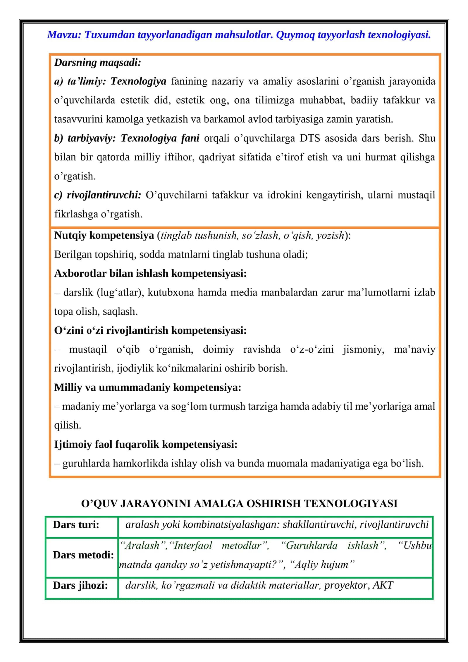 5-sinf Texnologiya fanidan Tuxumdan tayyorlanadigan mahsulotlar. Quymoq tayyorlash dars ishlanma 2