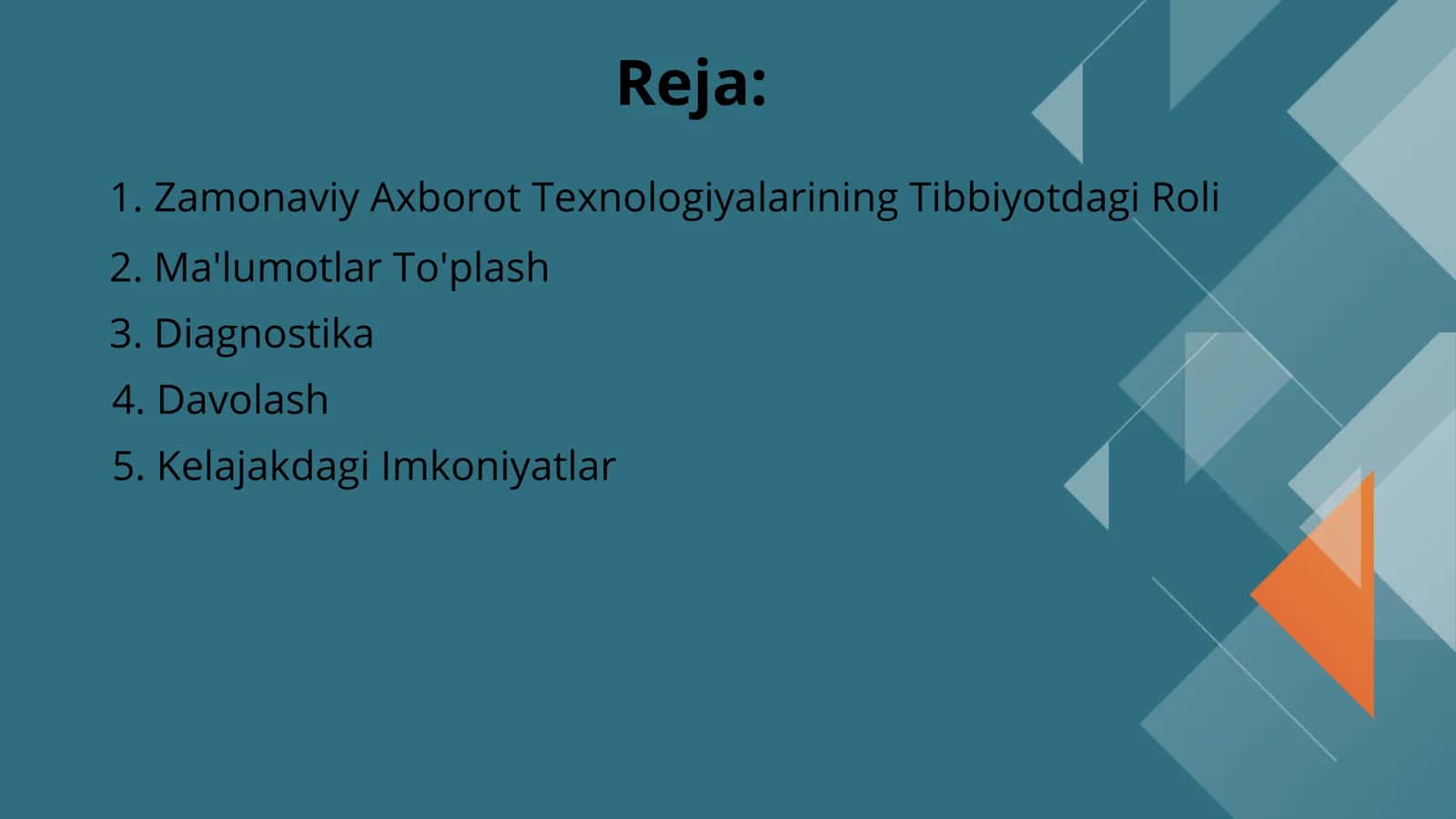 Zamonaviy axborot texnologiyalaridan bugungi kunda foydalanish darajasi, ularni tibbiyotning turli soxalarida ma'lumotlar to'plashda, diagnostika va davolashda tutgan o'rni 2