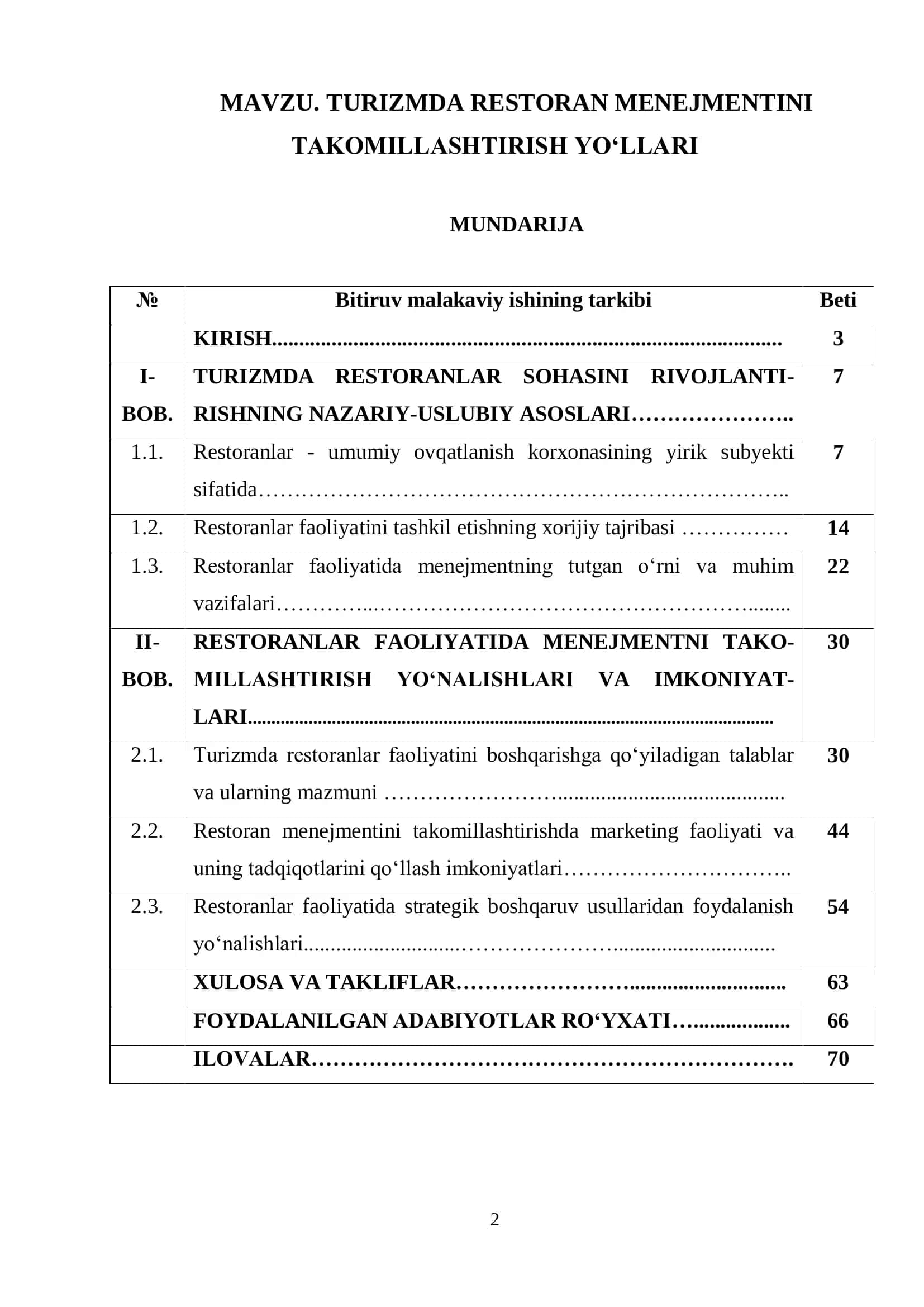 MAVZU. TURIZMDA RESTORAN MENEJMENTINI TAKOMILLASHTIRISH YO‘LLARI 2