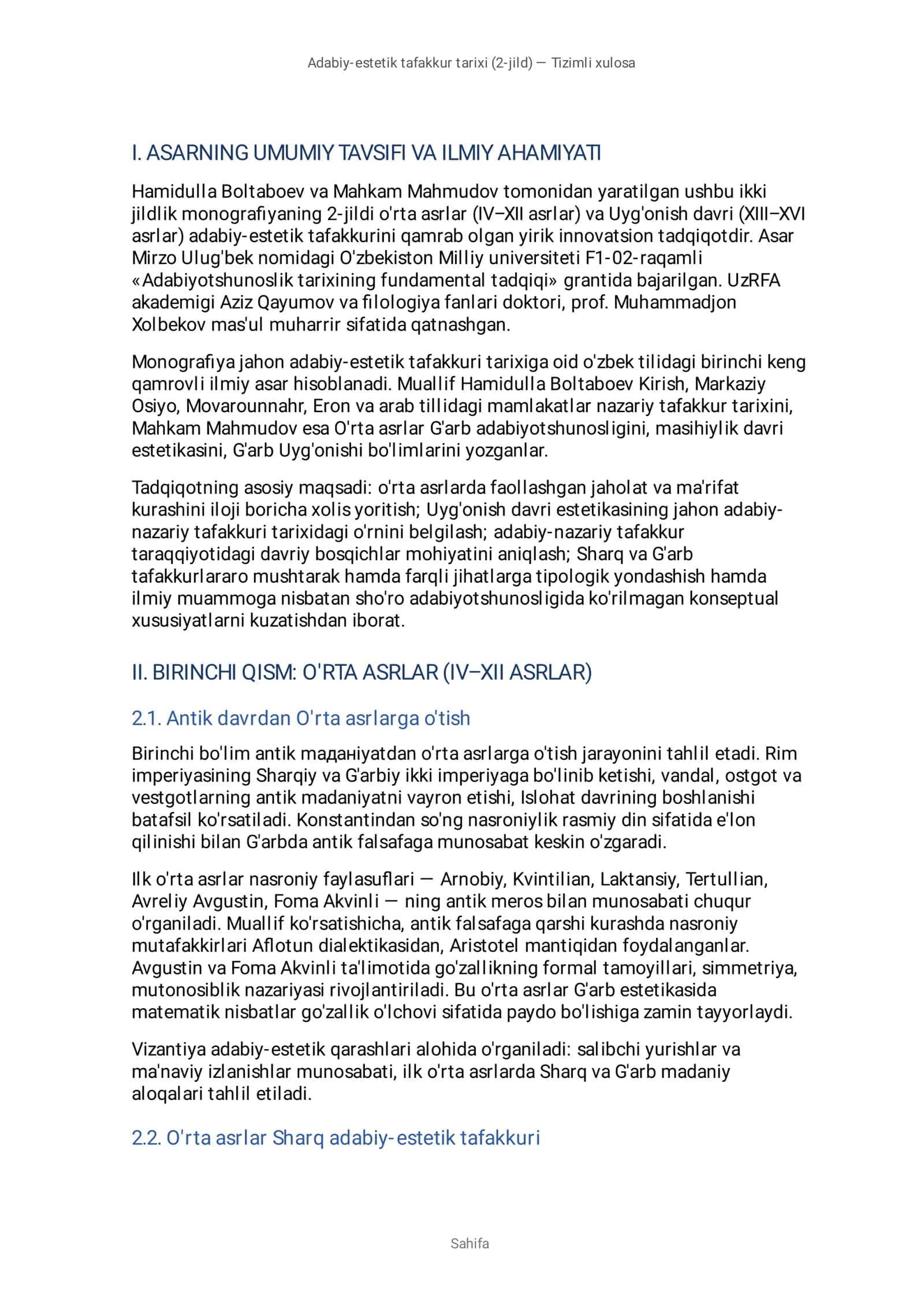 H.Boltaboyev M.Mahmudov "Adabiy-estetik tafakkur tarixi" kitobi tahlili 2