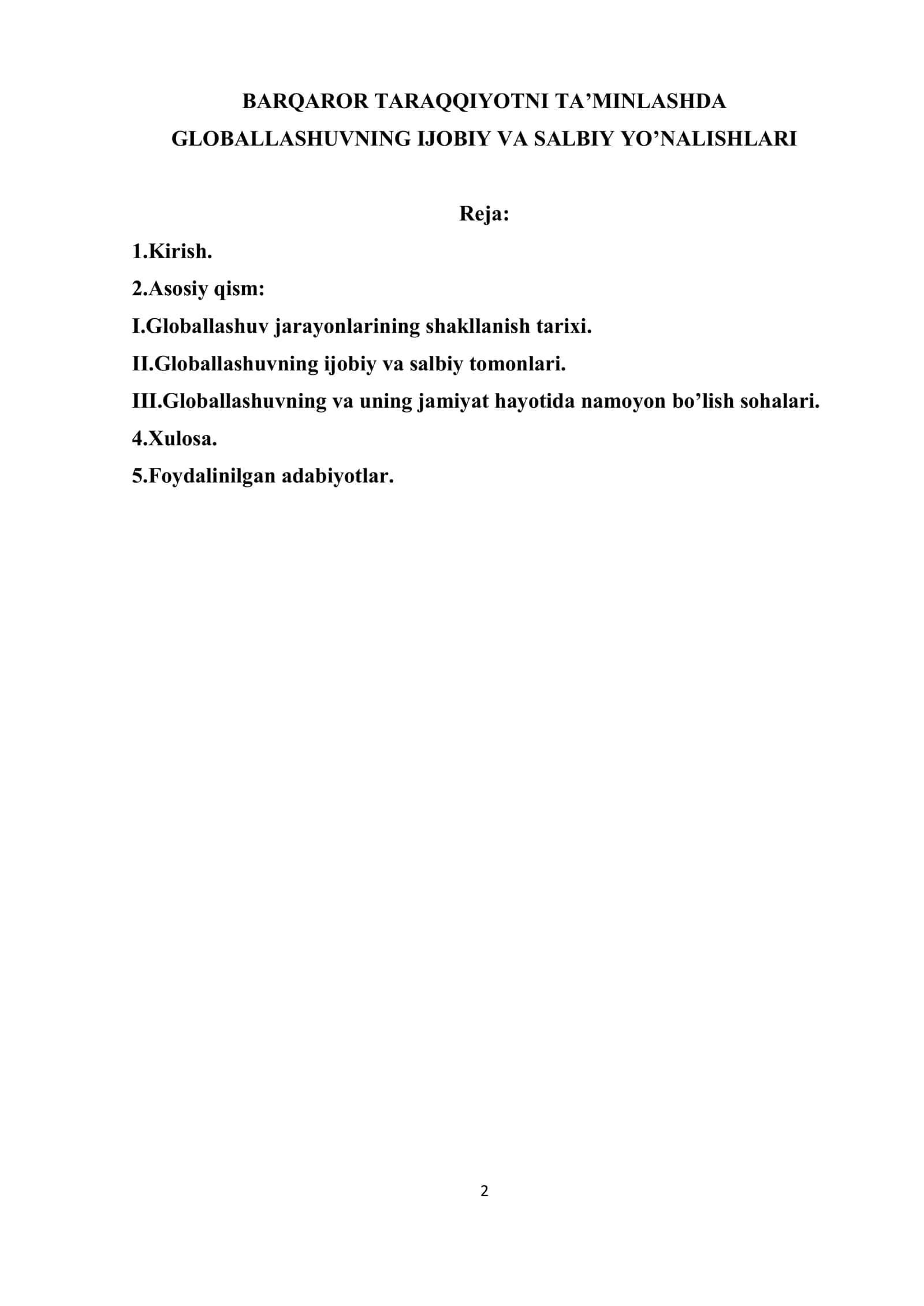 Barqaror taraqqiyotni ta'minlashda globallashuvning ijobiy va salbiy yo'nalishlari 2