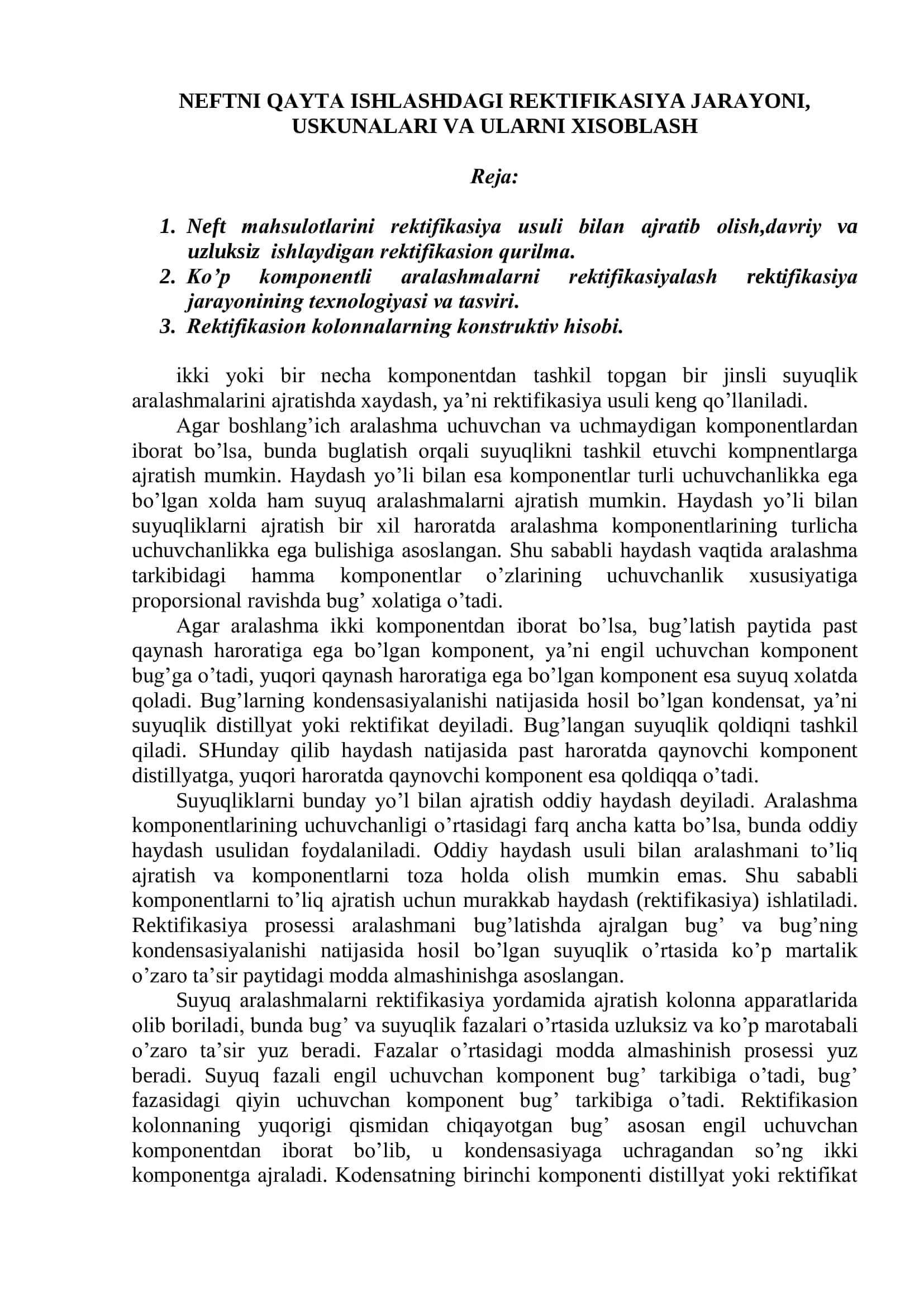 Neftni qаytа ishlаshdаgi rektifikаsiya jаrаyoni, uskunаlаri va ularni xisoblash 2
