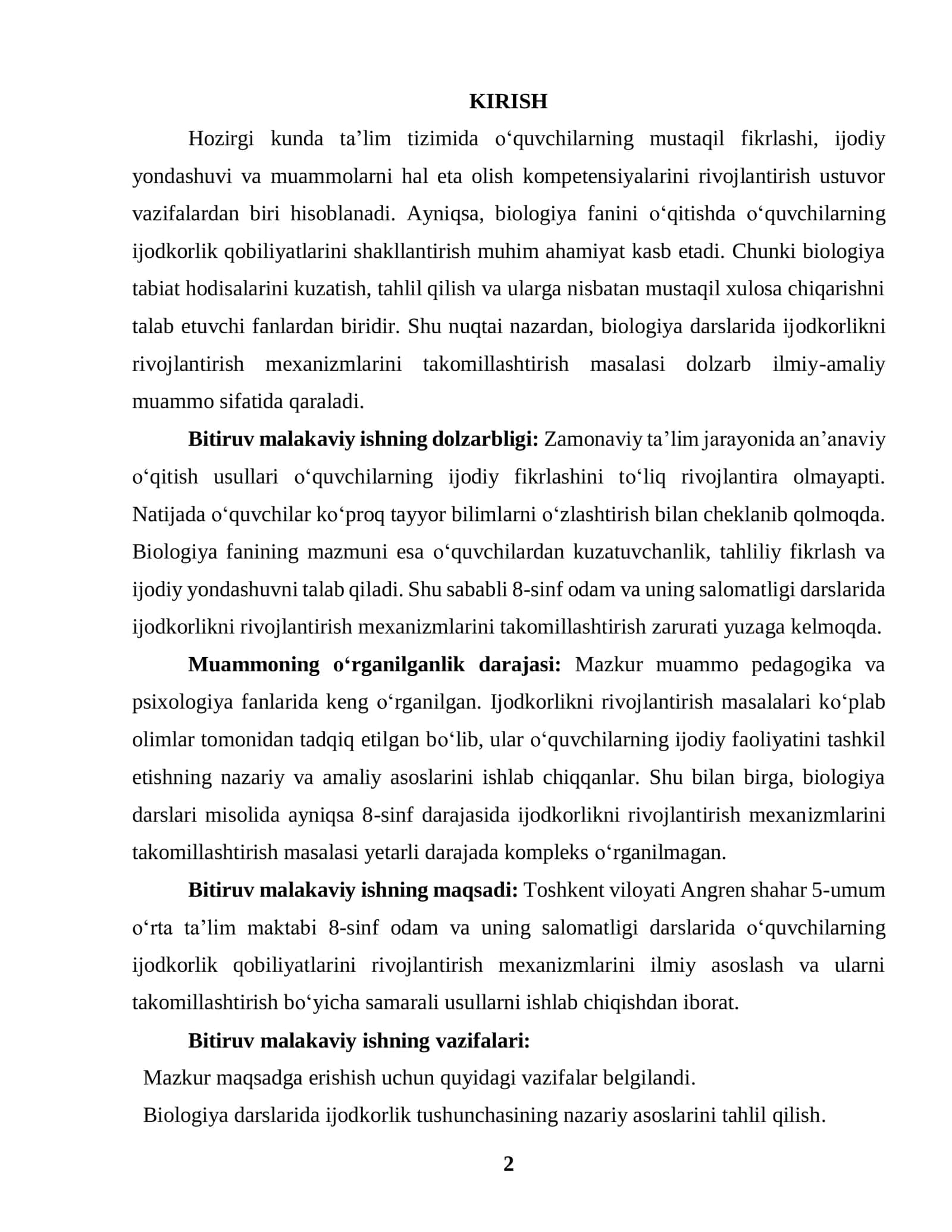 BIOLOGIYA DARSLARIDA IJODKORLIKNI RIVOJLANTIRISH MEXANIZMINI TAKOMILLASHTIRISH (8-SINF MISOLIDA) 2