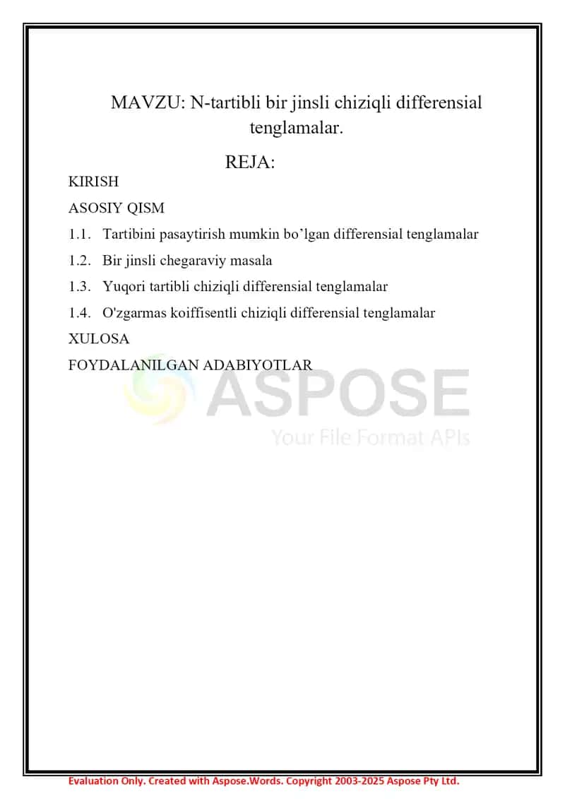 N-tartibli bir jinsli chiziqli differensial tenglamalar 2