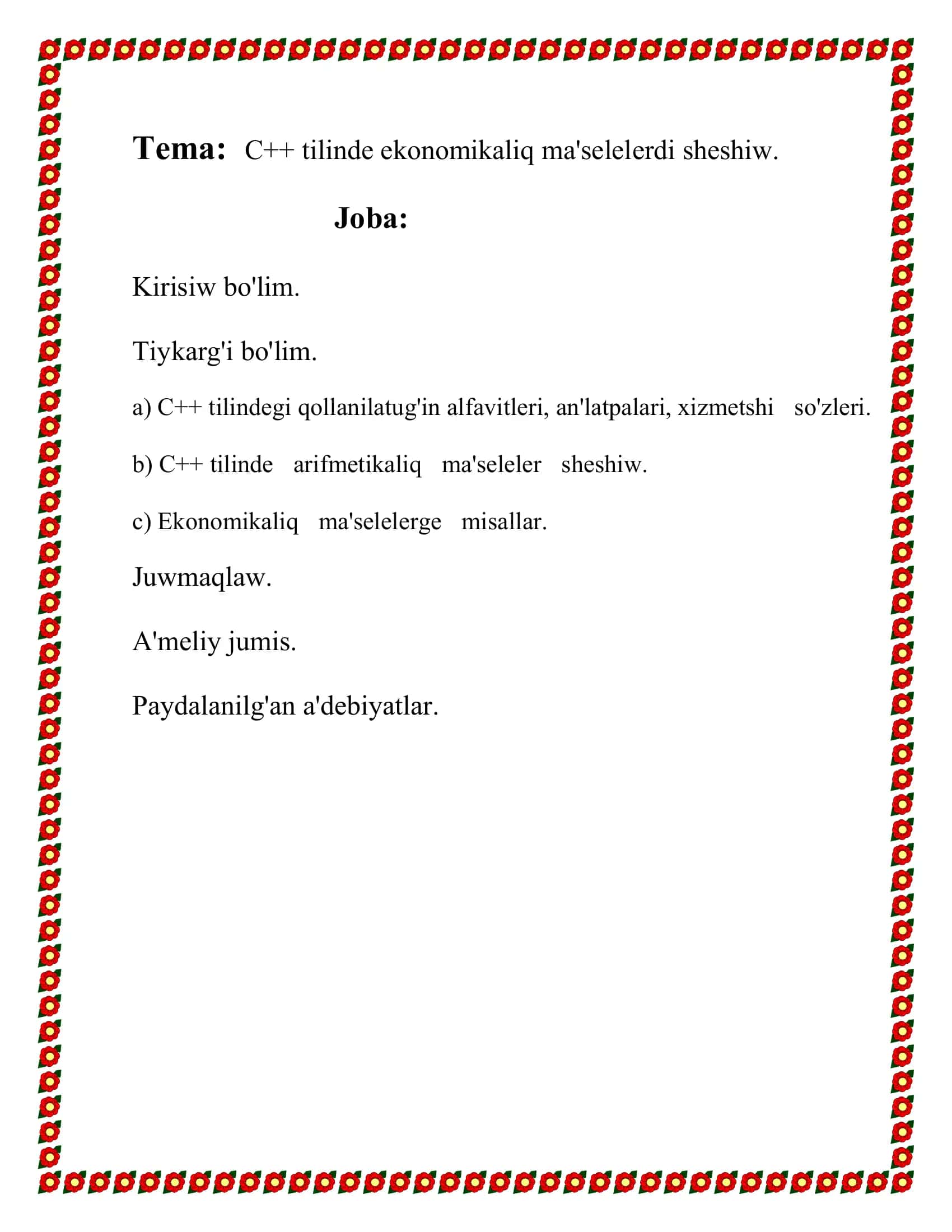 C++ tilinde ekonomikaliq ma'selelerdi sheshiw 2