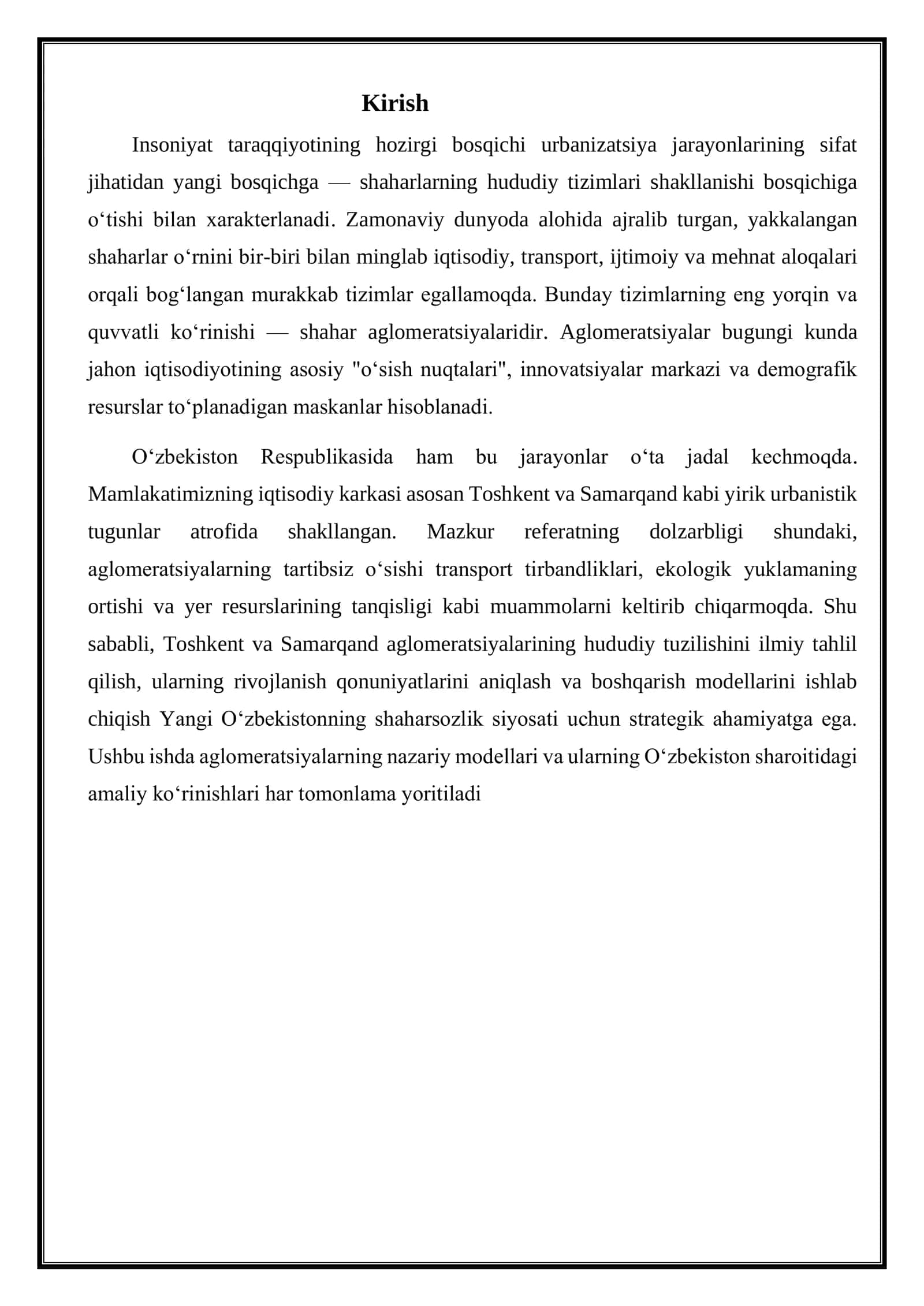 Shaharlarning hududiy tizimlari. Toshkent va Samarqand aglomeratsiyasi tahlili 2