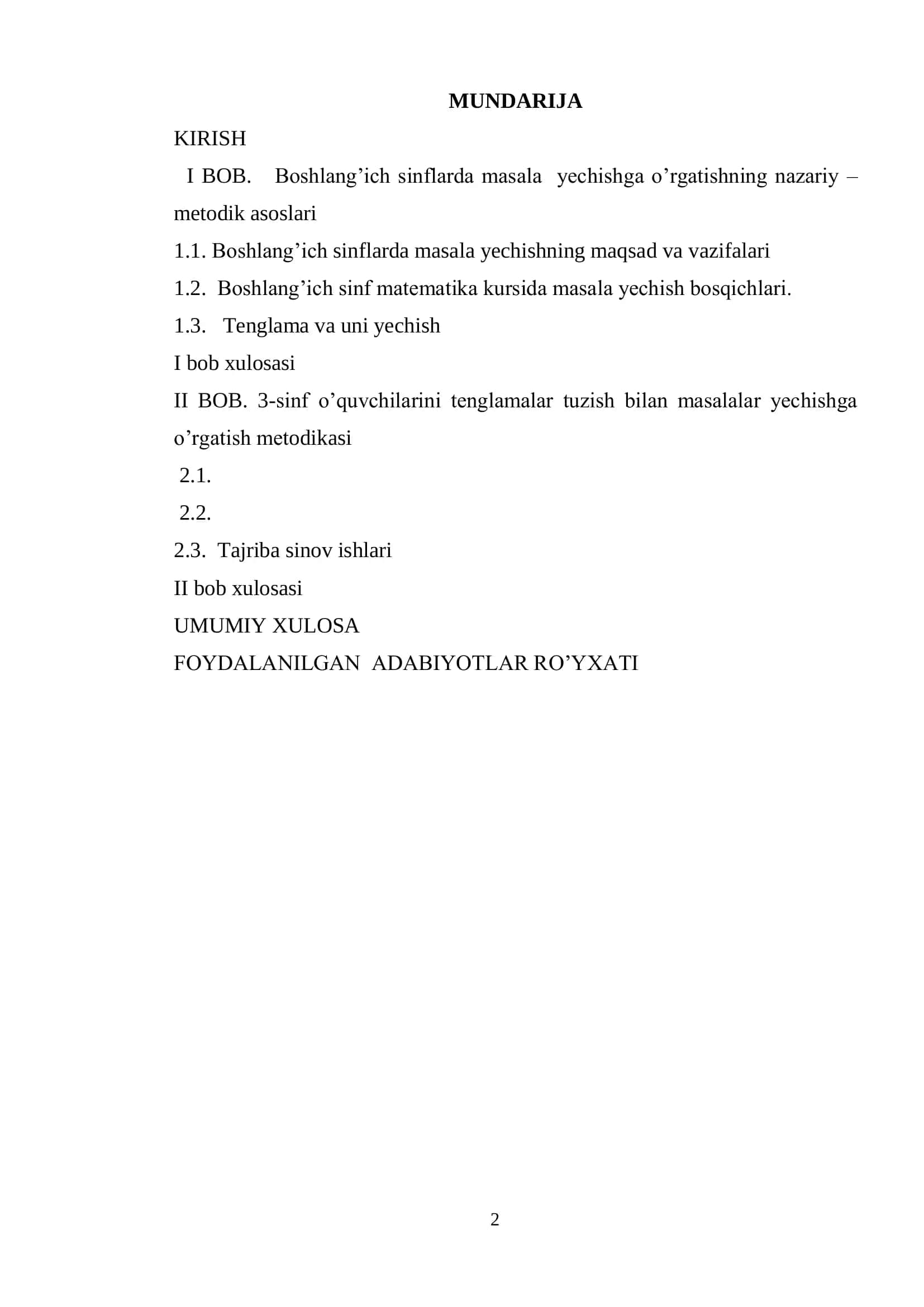 3-sinf o’quvchilarini tenglamalar tuzish bilan masalalar yechishga o’rgatish metodikasi 2