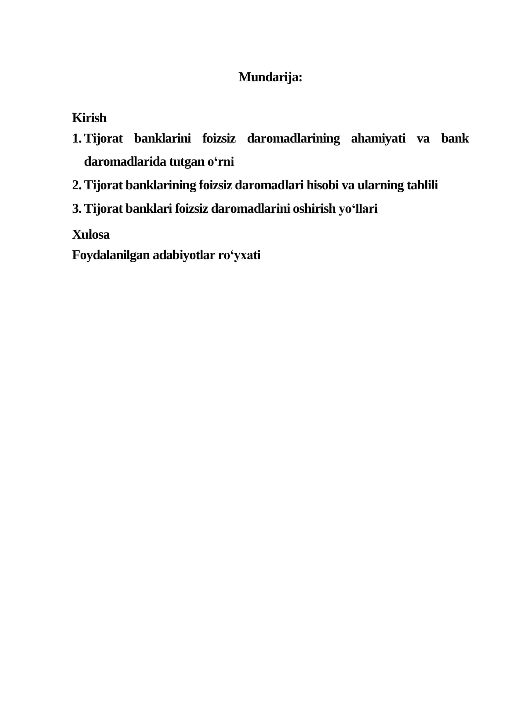 Tijorat Banklari Foizsiz Daromadlarini Oshirish Yo‘llari REFERAT 2