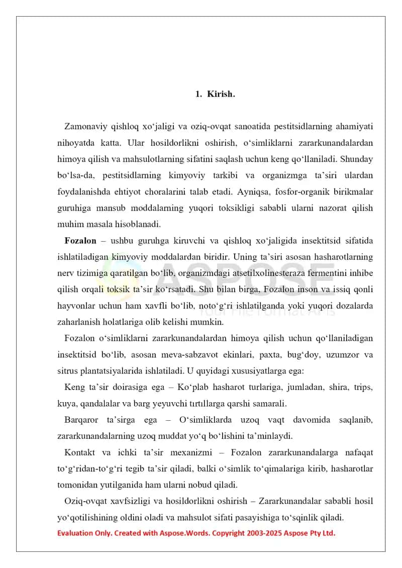 7. Fozalon va krisid. Toksikologik ahamiyati, izolyatsiyasi, sifat va miqdoriy tahlili. Referat 14 bet. Ma'lum sabablarga ko'ra, referatda fozalonga doir ma'lumotlar yoritilgan, lekin krisid yoritilmagan. Narx ham shunga mos ravishda past belgilandi. 2