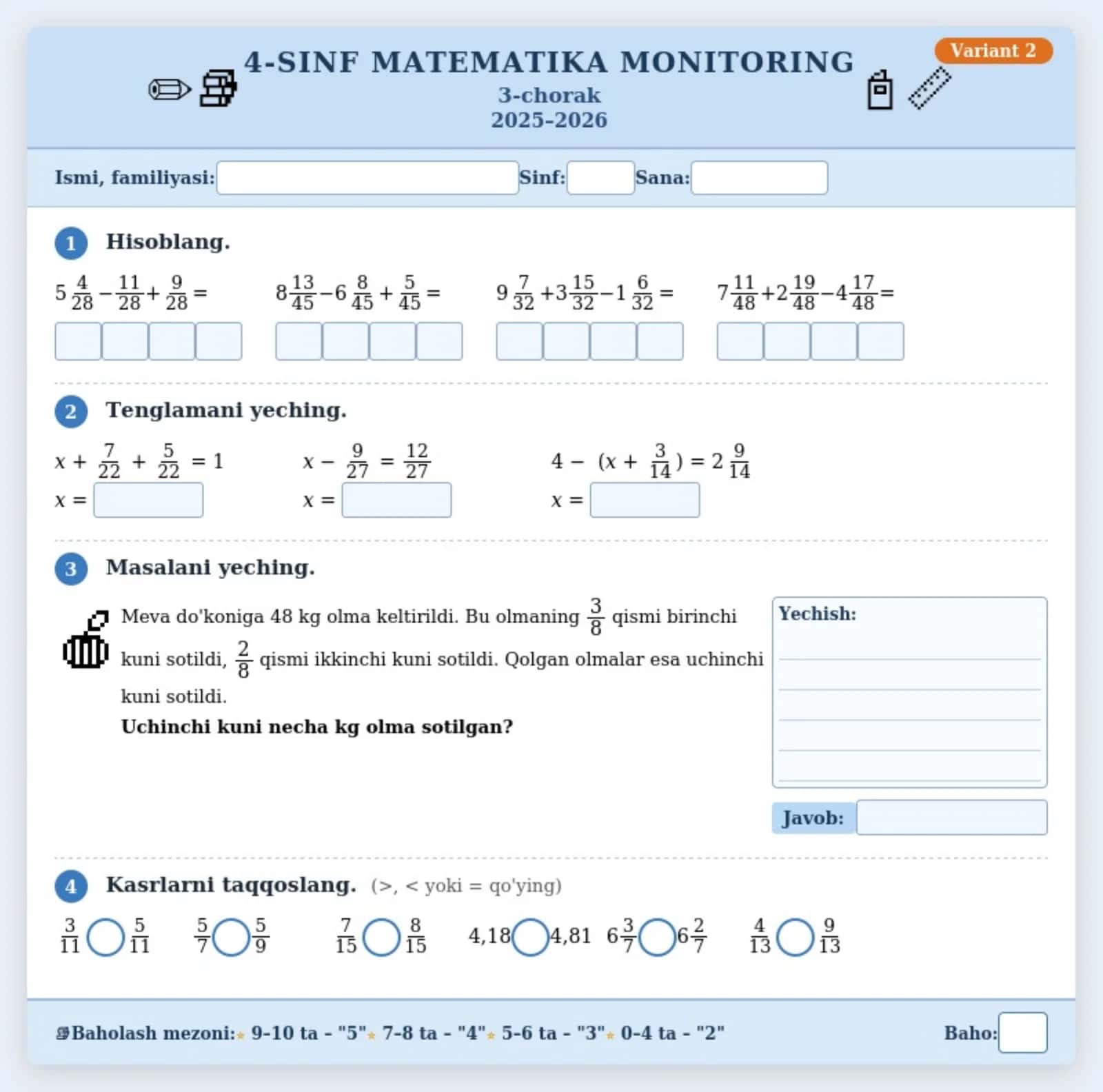 4-sinf o'quvchilariga matematika fanidan monitoring misol va masalalar (30 ta variant). 2