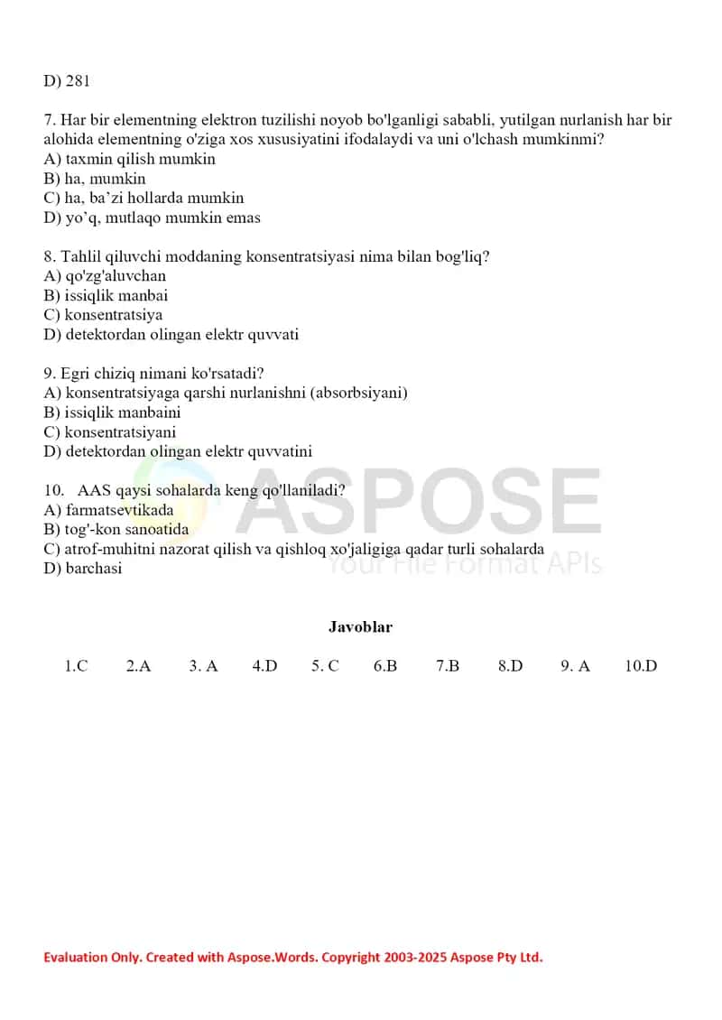 11. Metall zaharlar tahlilida atom-adsorbsion spektroskopiya usulini qo'llash. Test 10 ta 2