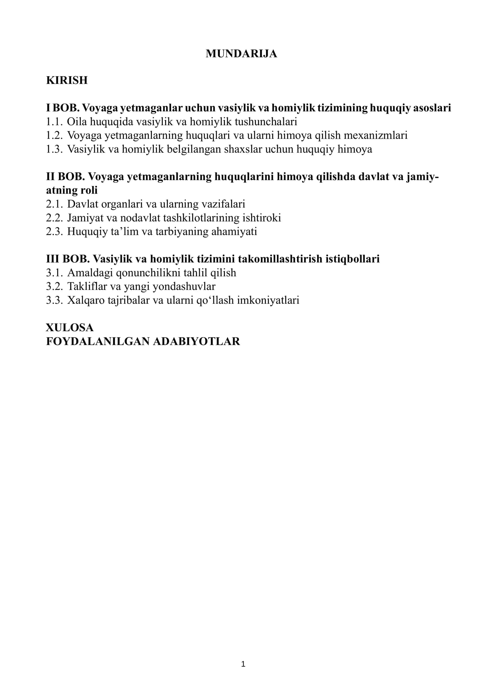 Kurs Ishi: Voyaga yetmagan vasiylik va homiylik belgilangan shaxslarning huquqlarini himoya qilish tizimini takomillashtirish 2