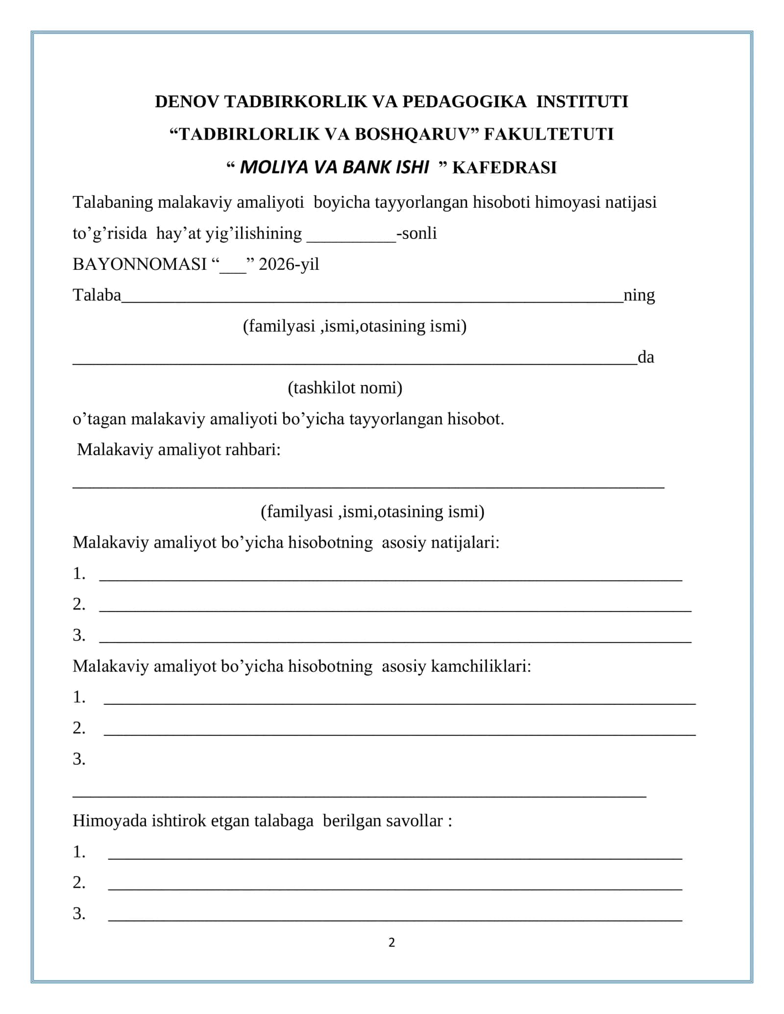 ATB "Agrobank" Xorazm Viloyati Yangibozor tuman filialining Talabaning Malakaviy Amaliyoti 2