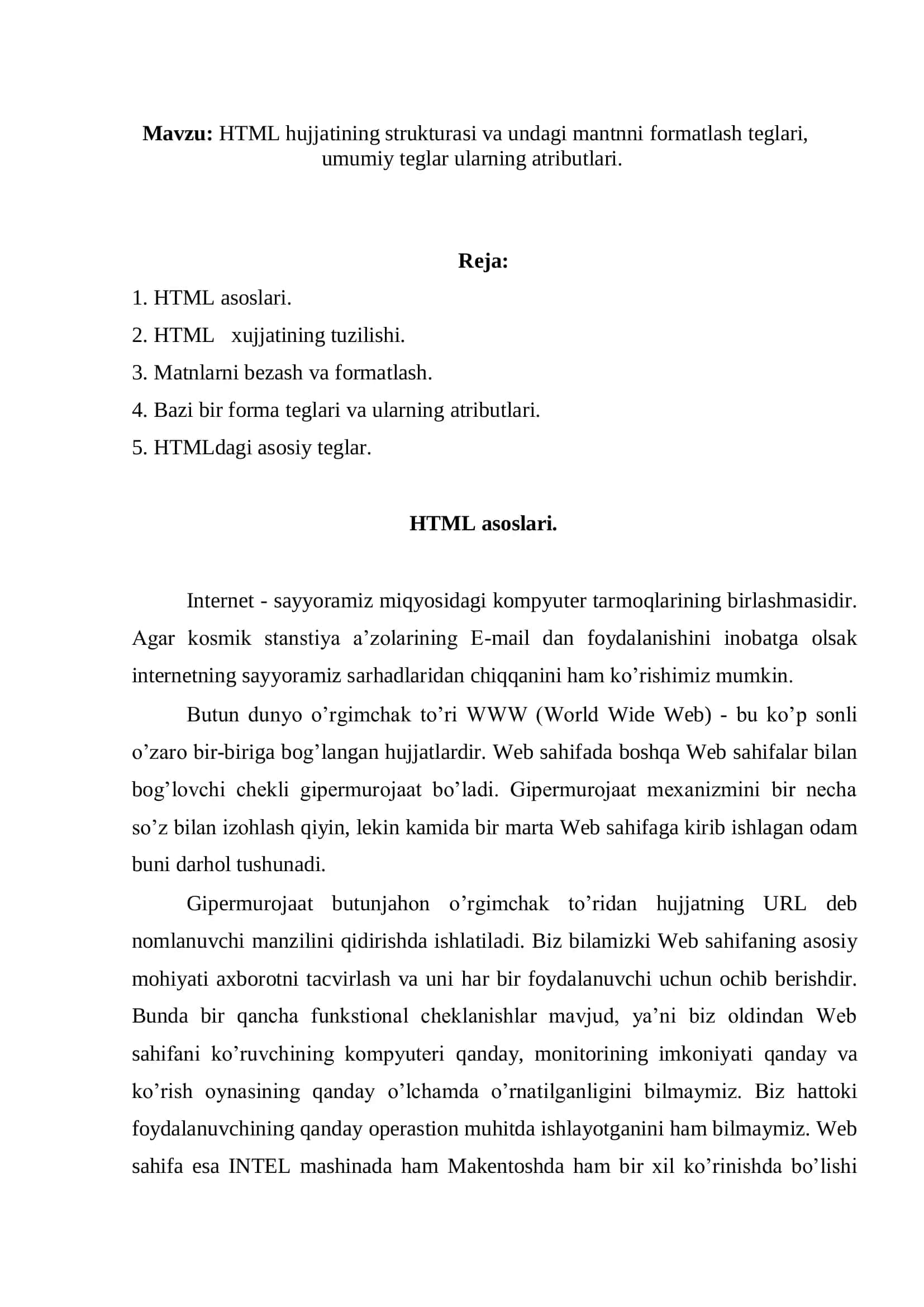 HTML hujjatining strukturasi va undagi mantnni formatlash teglari 2